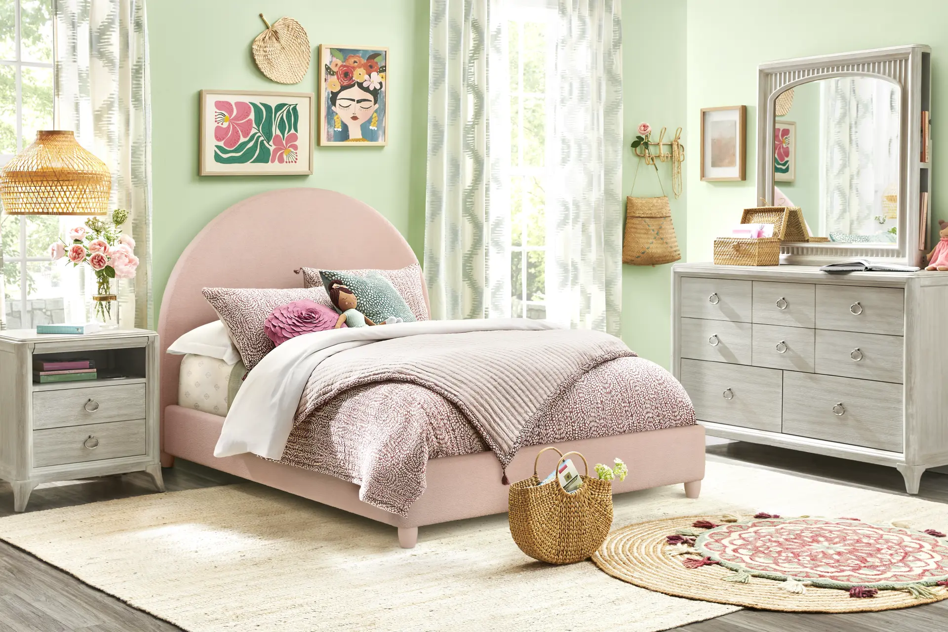 Kids Vivien Wirebrush Gray Bedroom with Moonstone Pink Full Upholstered Bed