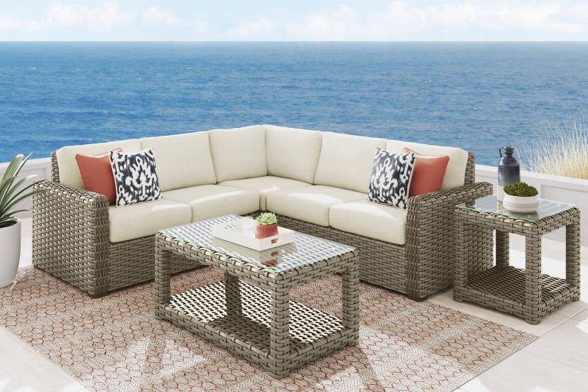 Siesta Key Driftwood Finish 3 Pc Outdoor Sectional with Desert Cushions