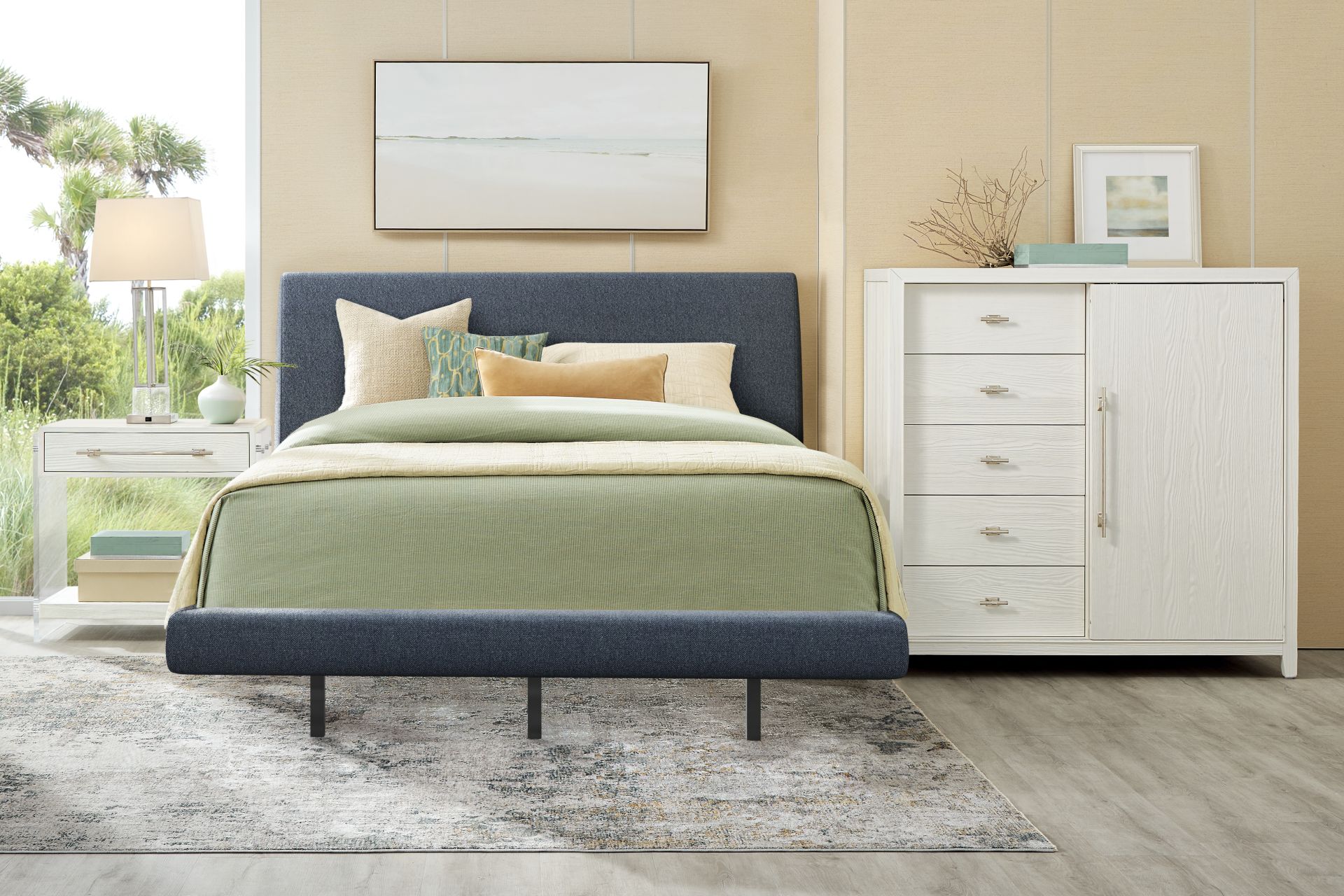 Aruba White 5 Pc Bedroom with Blue King Upholstered Bed - Image 1