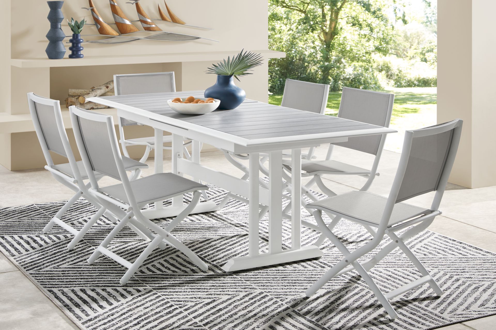 Kellen White 7 Pc Outdoor Extension Dining Set with Folding Chairs - Image 1