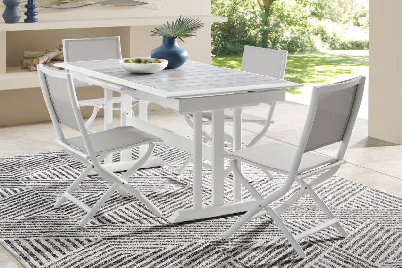 Kellen White 5 Pc Outdoor Extension Dining Set with Folding Chairs
