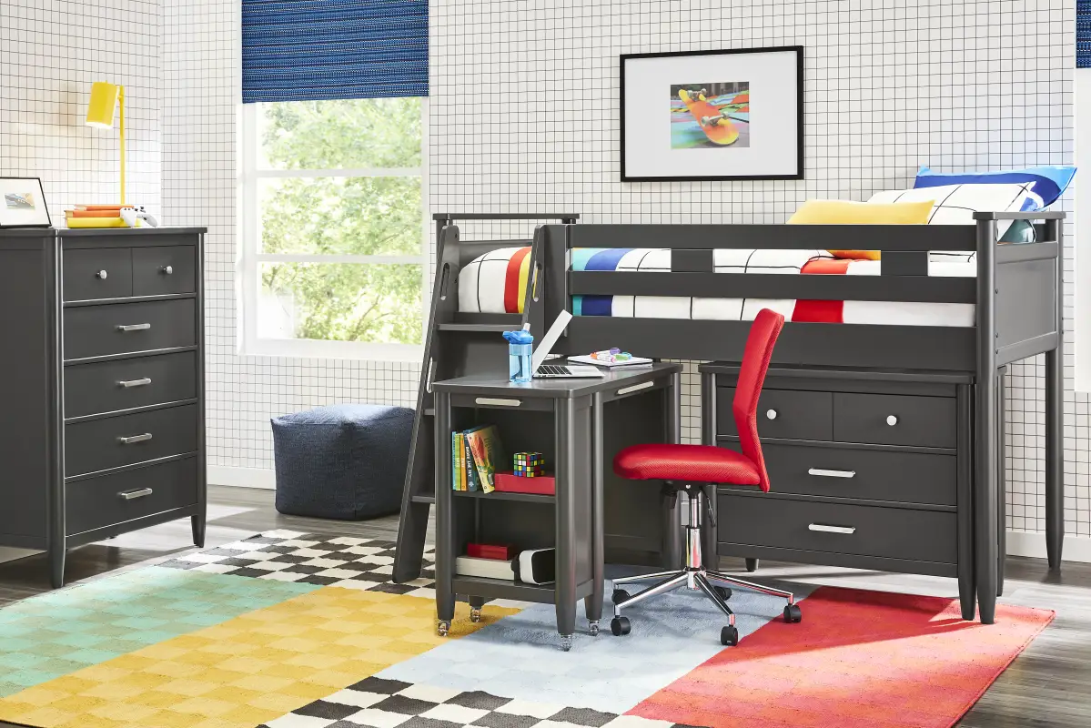 Kids Modern Colors Iron Ore Twin Loft with Loft Chest and Desk