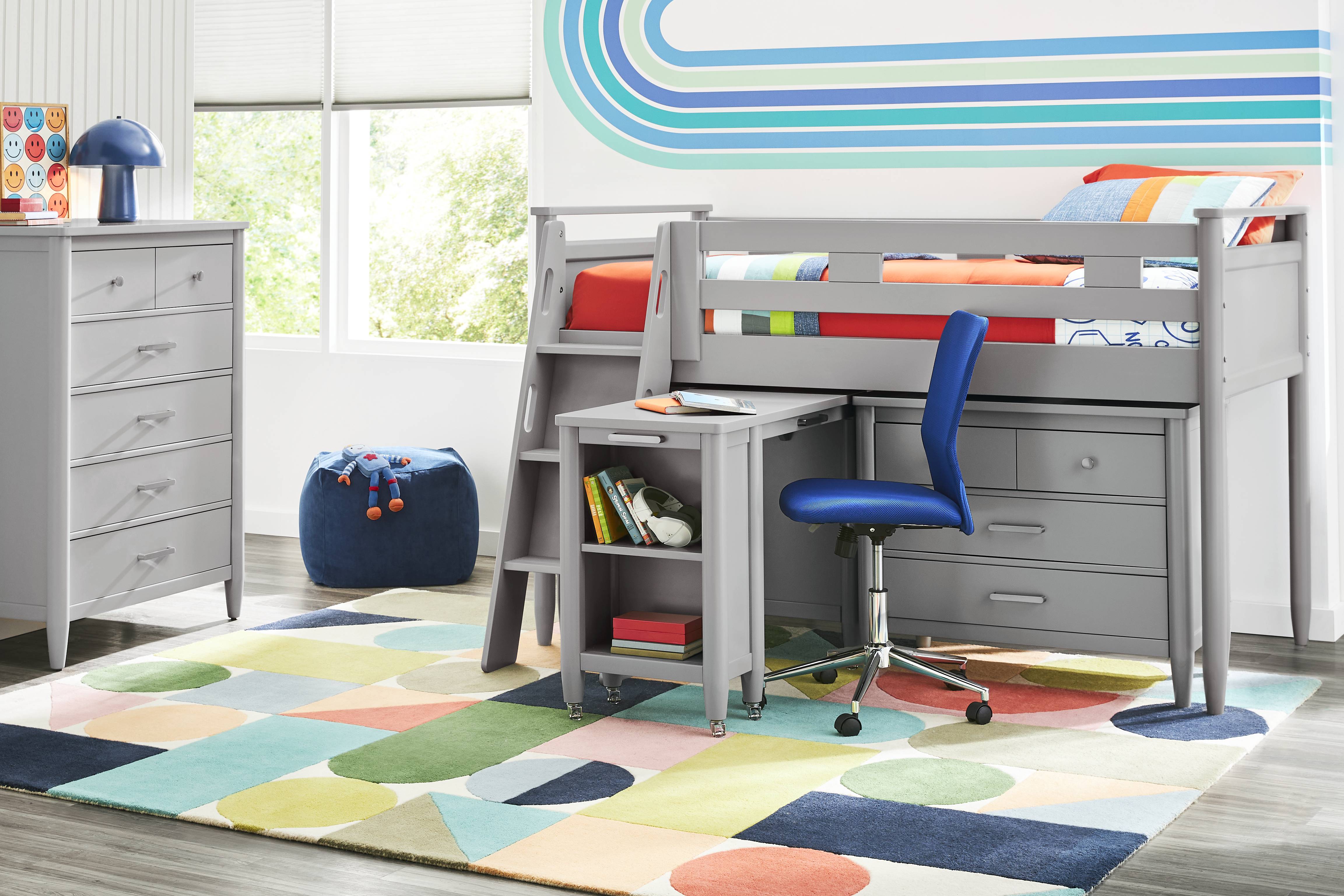 Kids Modern Colors Light Gray Twin Loft with Loft Chest and Desk