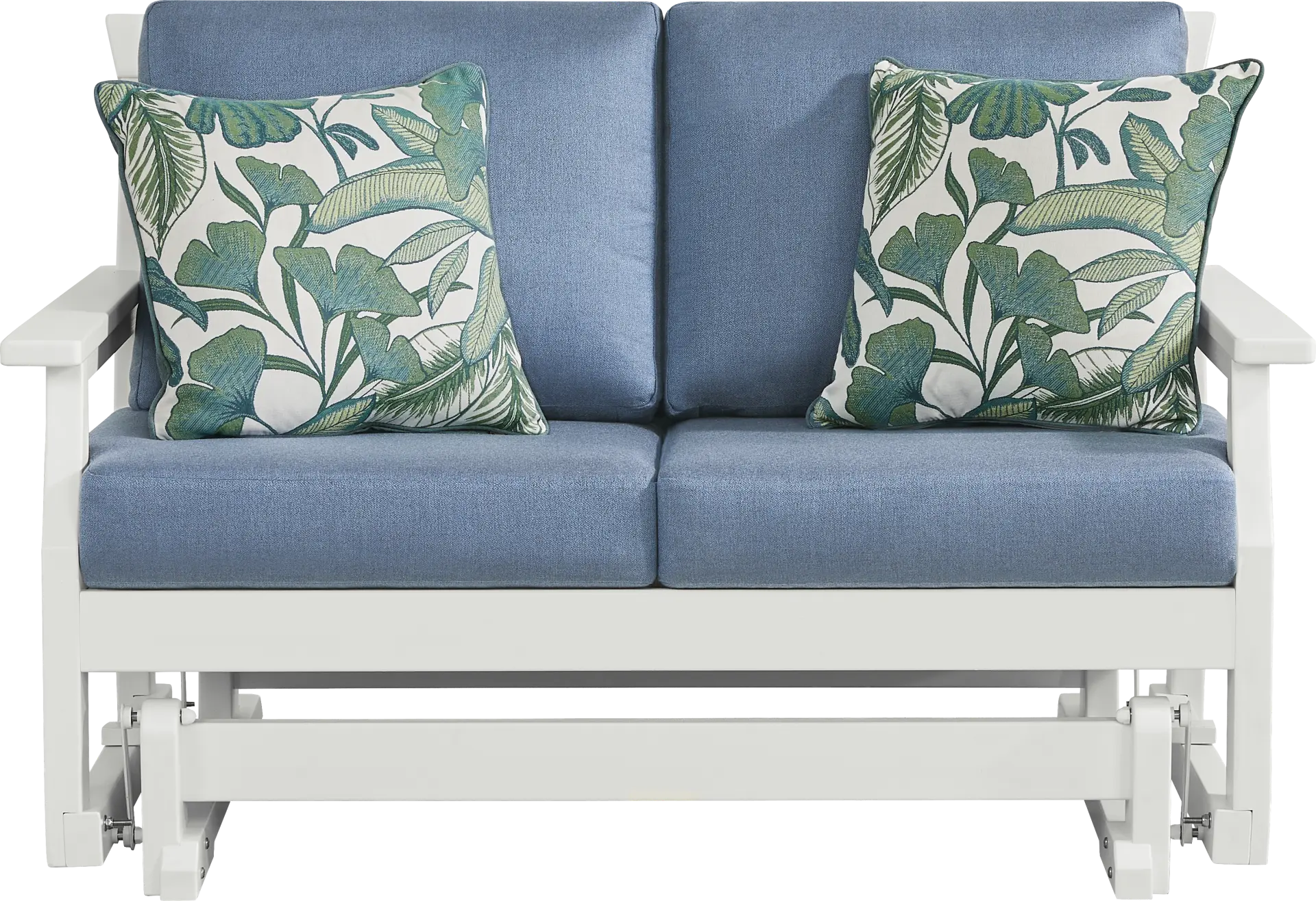 Eastlake White Outdoor Glider Loveseat with Blueberry Cushions