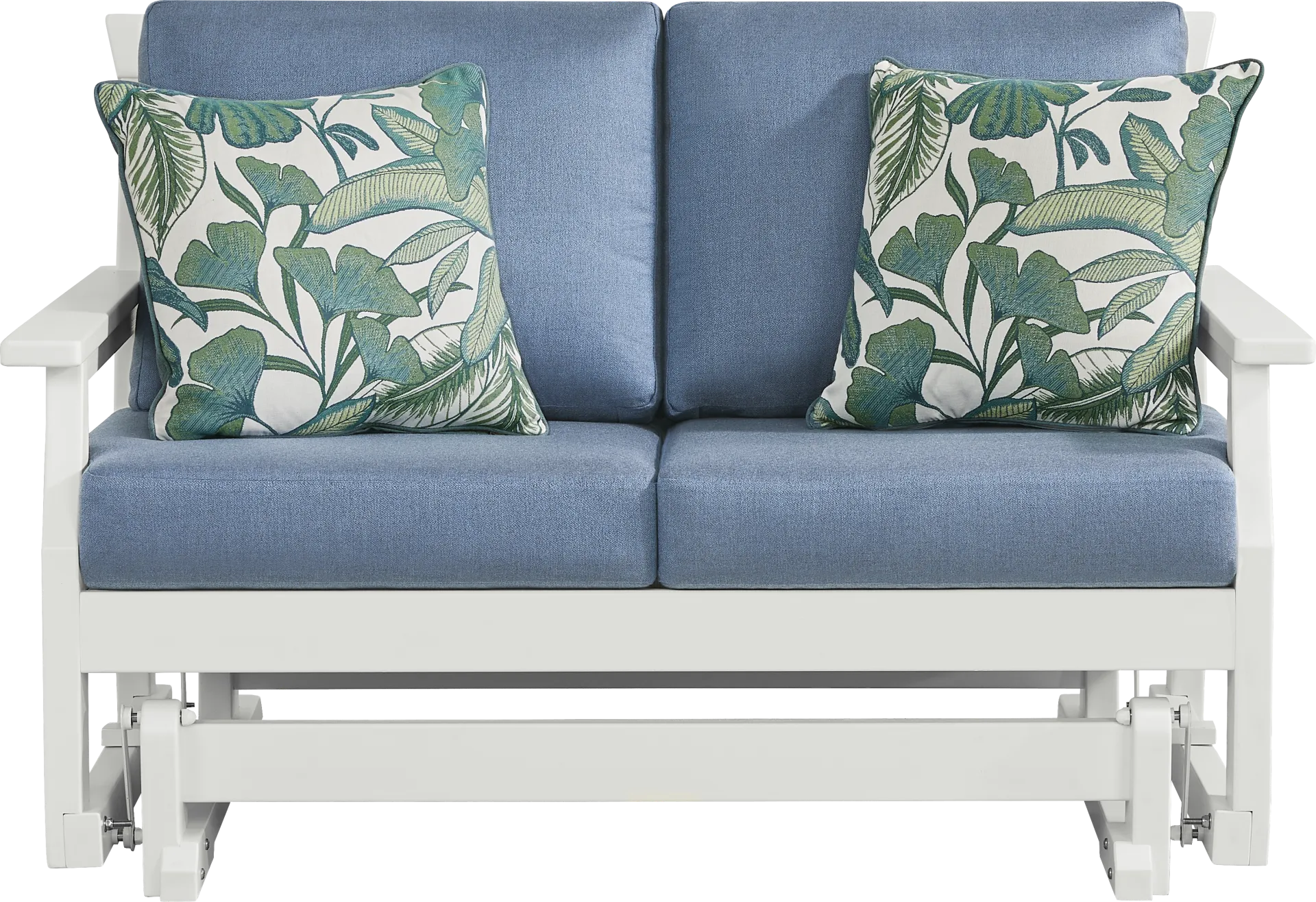 Eastlake White Outdoor Glider Loveseat with Blueberry Cushions - Image 1