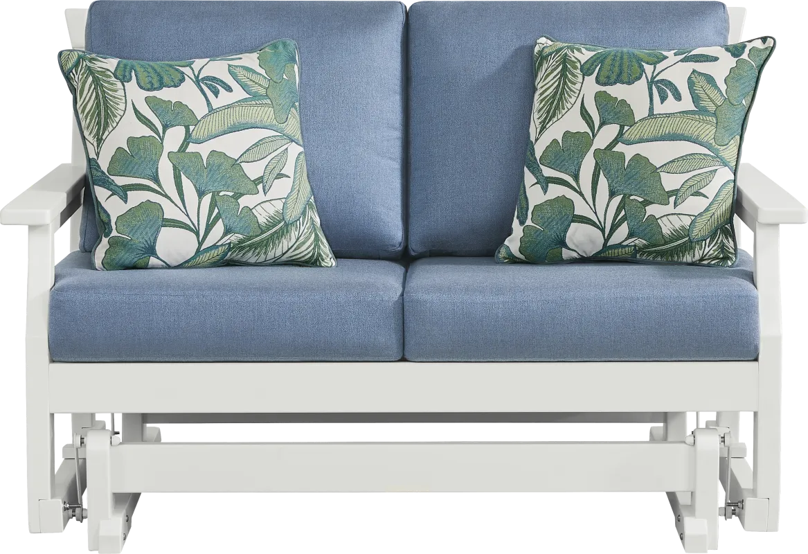 Eastlake White Outdoor Glider Loveseat with Blueberry Cushions