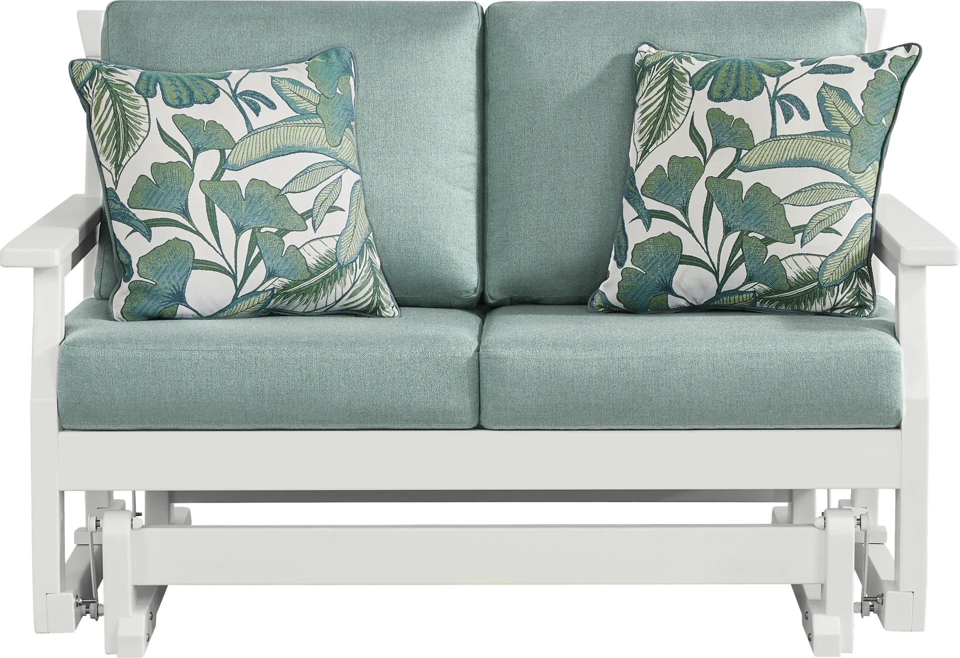 Eastlake White Outdoor Glider Loveseat with Breeze Cushions - Image 1