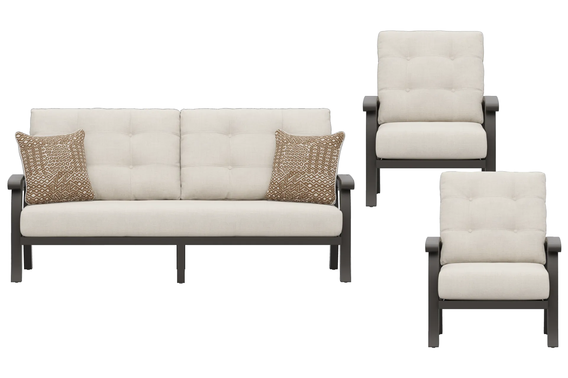 Lake Breeze Aged Bronze 3 Pc Outdoor Seating Set with Parchment Cushions - Image 1