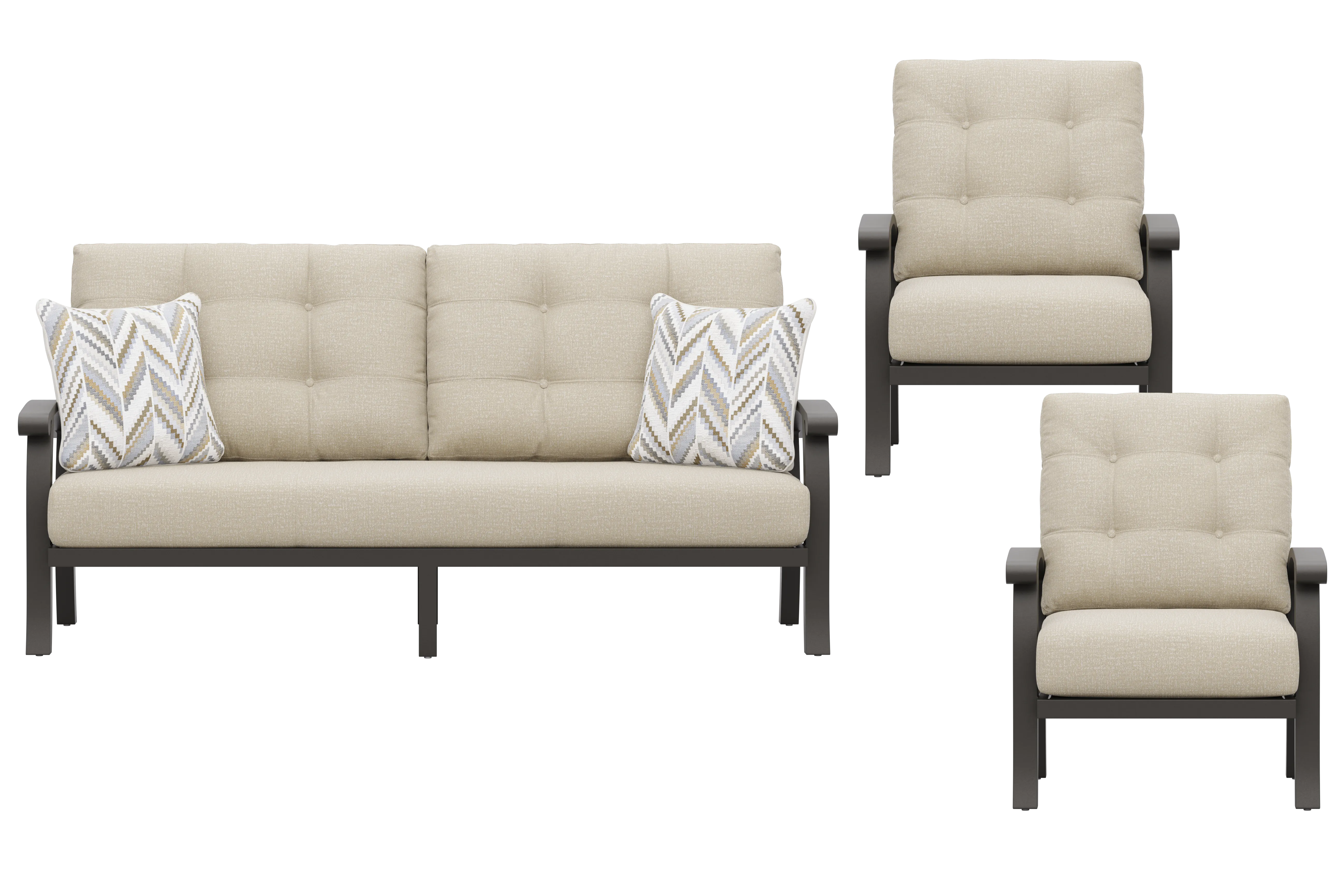 Lake Breeze Aged Bronze 3 Pc Outdoor Seating Set with Hemp-Colored Cushions - Thumbnail - Image 1