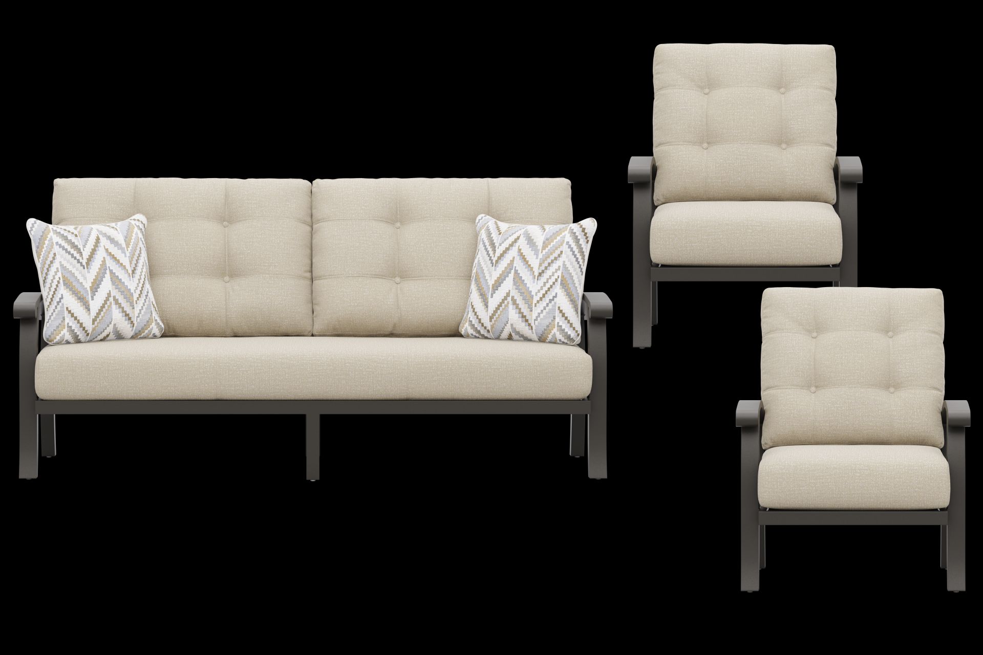 Lake Breeze Aged Bronze 3 Pc Outdoor Seating Set with Hemp-Colored Cushions - Image 1