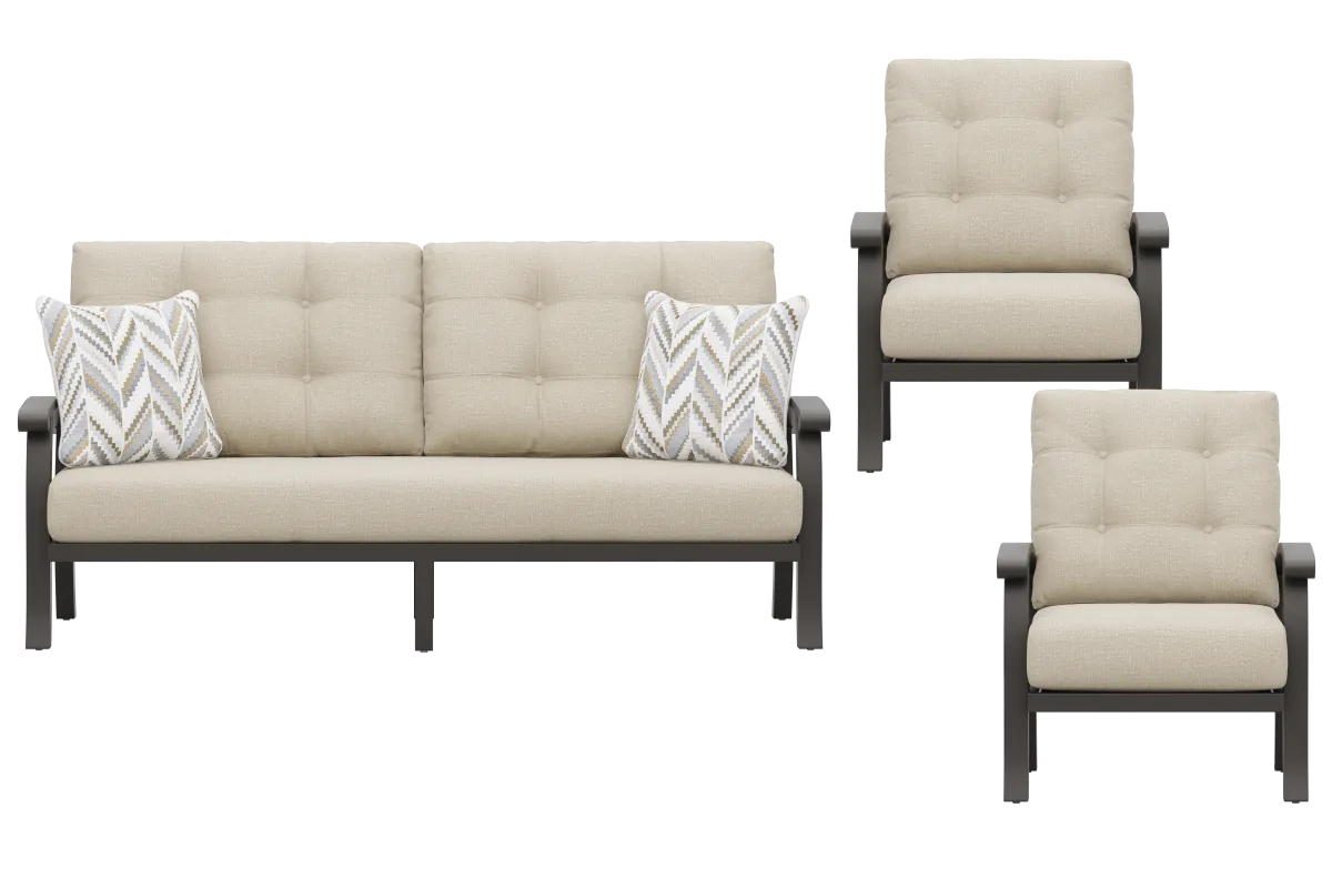 Lake Breeze Aged Bronze 3 Pc Outdoor Seating Set with Hemp-Colored Cushions