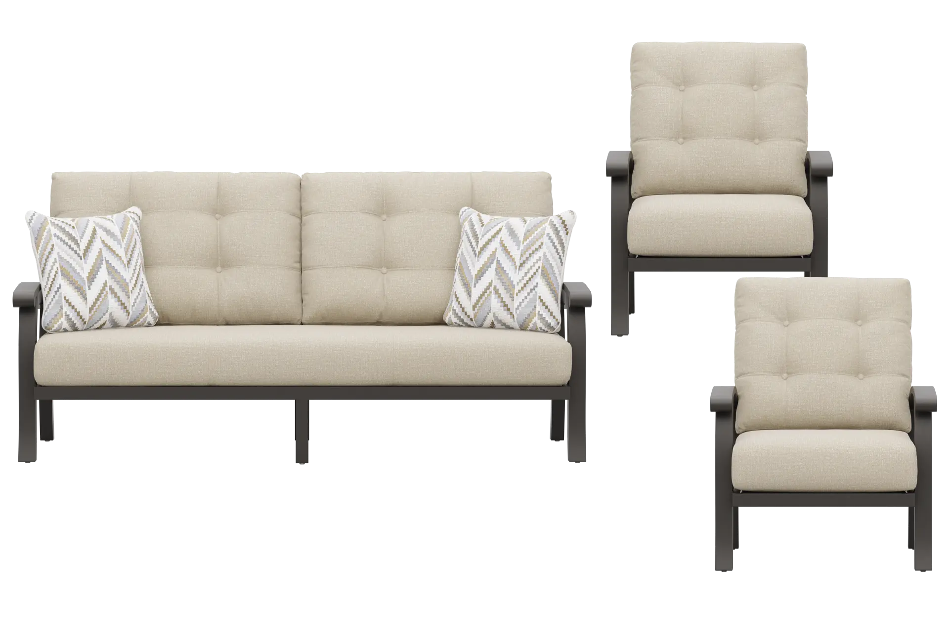 Lake Breeze Aged Bronze 3 Pc Outdoor Seating Set with Hemp-Colored Cushions