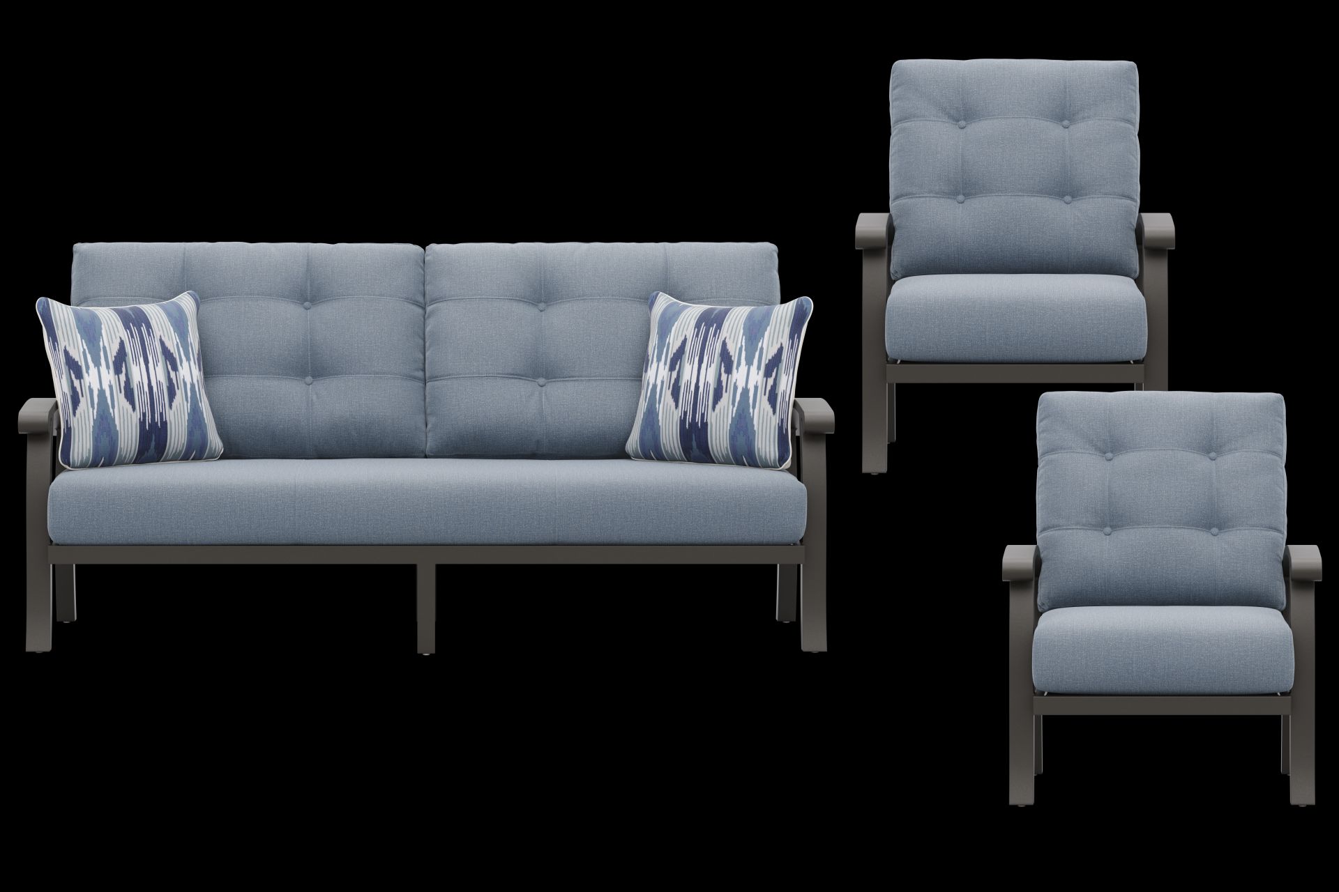 Lake Breeze Aged Bronze 3 Pc Outdoor Seating Set with Blueberry Cushions - Image 1