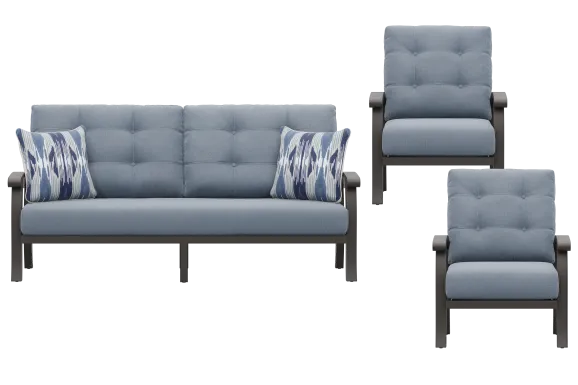 Lake Breeze Aged Bronze 3 Pc Outdoor Seating Set with Blueberry Cushions