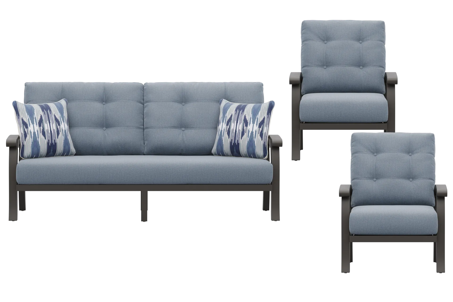 Lake Breeze Aged Bronze 3 Pc Outdoor Seating Set with Blueberry Cushions - Image 1