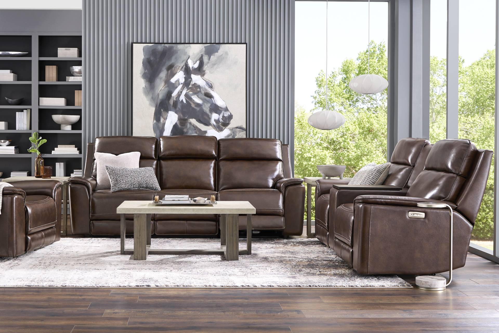 Magellan Chocolate 5 Pc Leather Dual Power Reclining Living Room full room