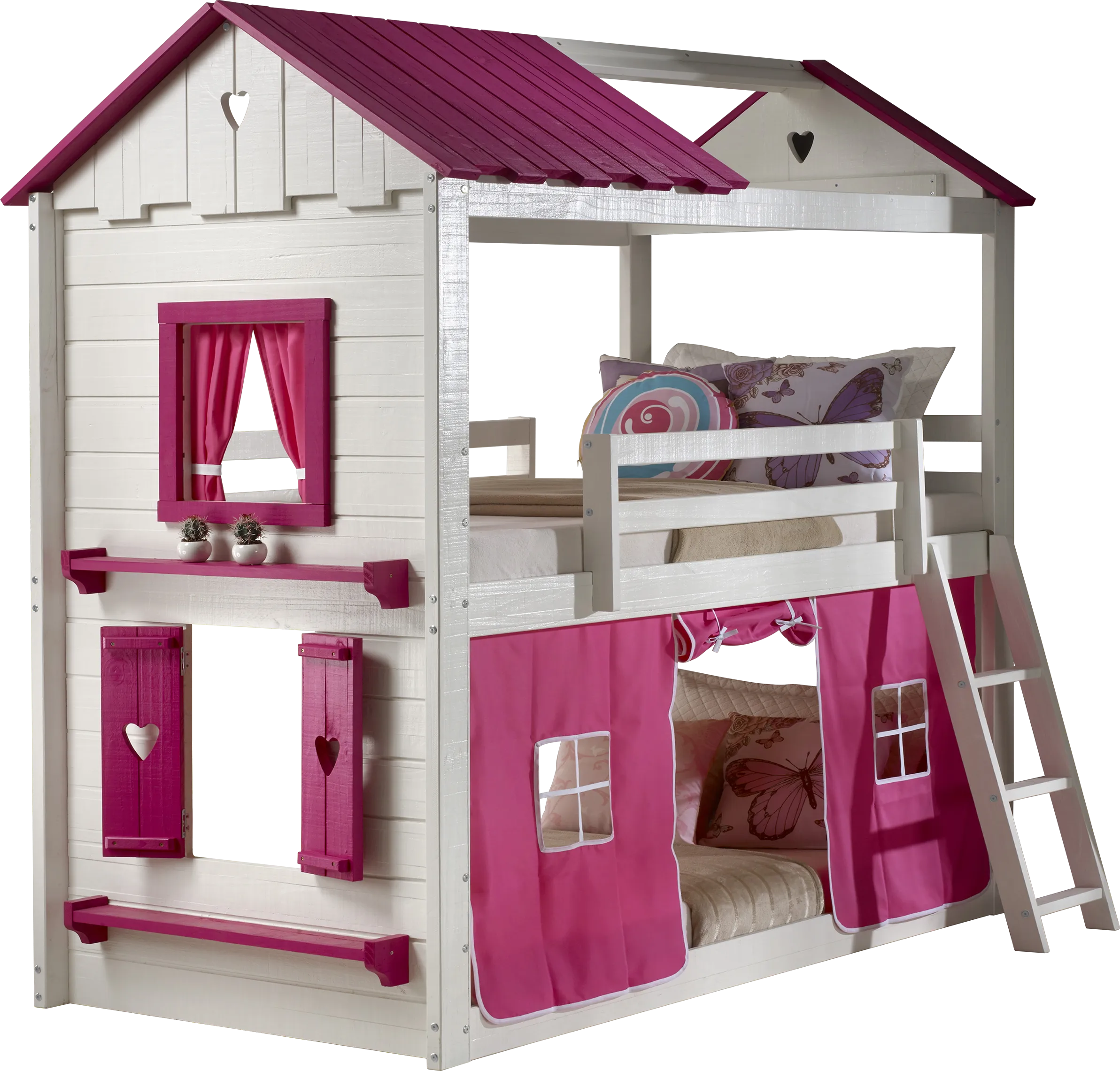 Heartbeat Cottage White Twin/Twin Bunk Bed with Pink Fabric - Thumbnail - Image 1