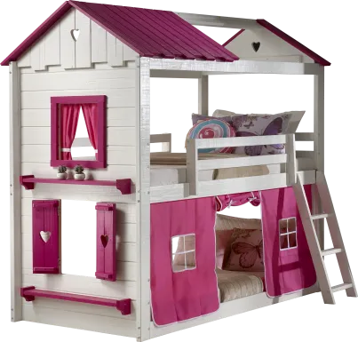 Heartbeat Cottage White Twin/Twin Bunk Bed with Pink Fabric