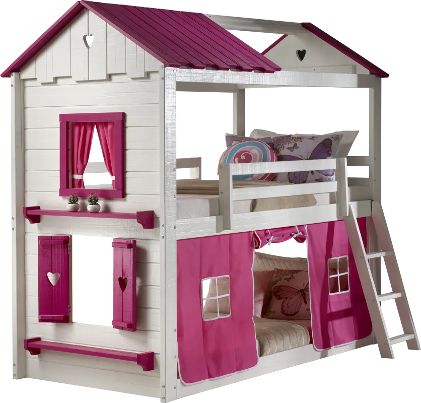 Heartbeat Cottage White Twin/Twin Bunk Bed with Pink Fabric