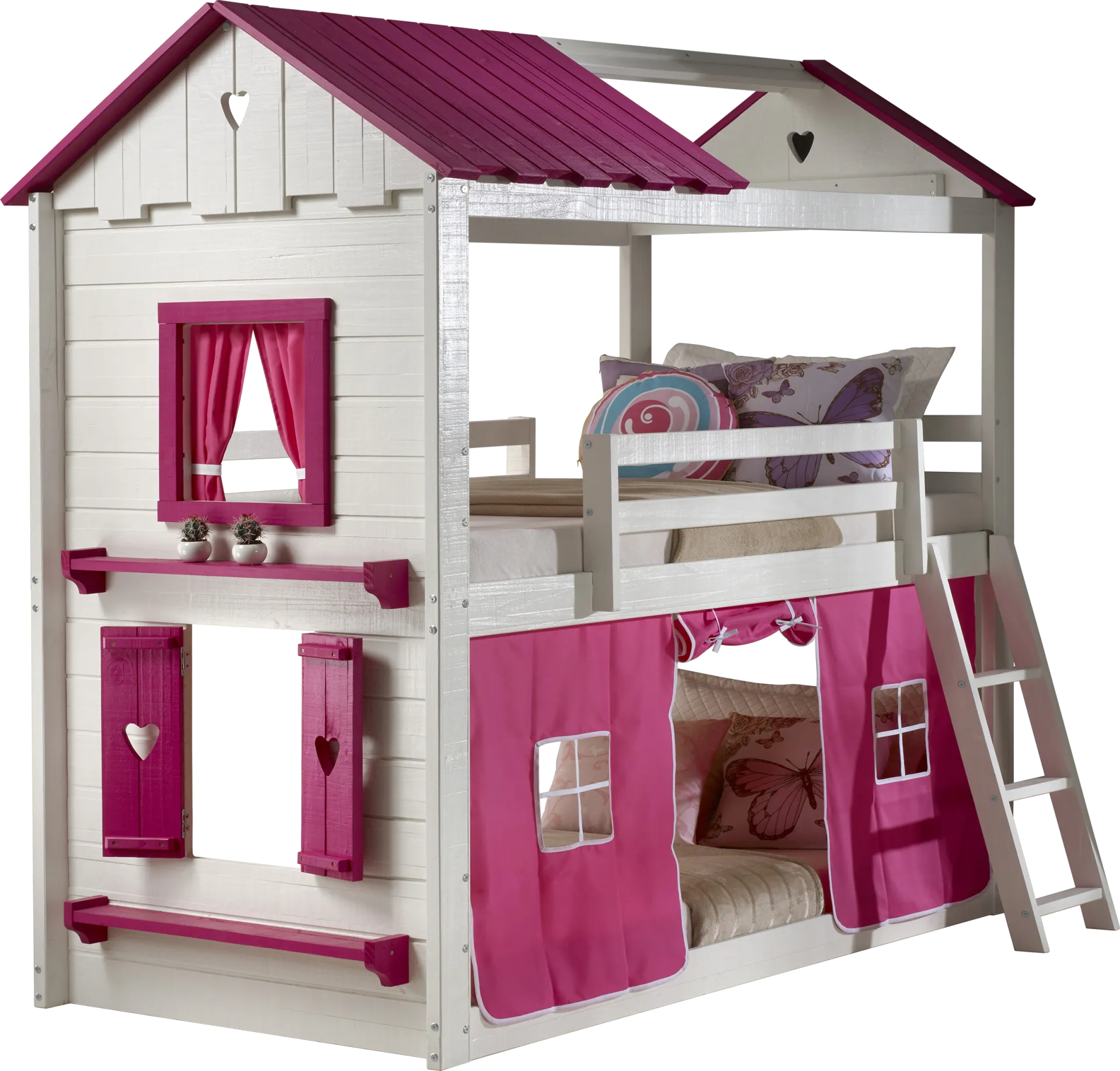 Heartbeat Cottage White Twin/Twin Bunk Bed with Pink Fabric - Image 1