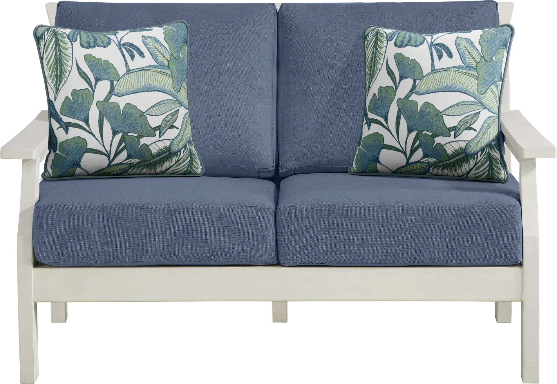 Eastlake White 4 Pc Outdoor Loveseat Seating Set with Blueberry Cushions - Image 2