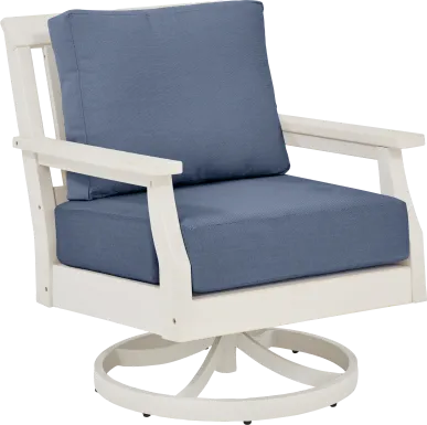 Eastlake White Outdoor Swivel Rocker Chair with Blueberry Cushions