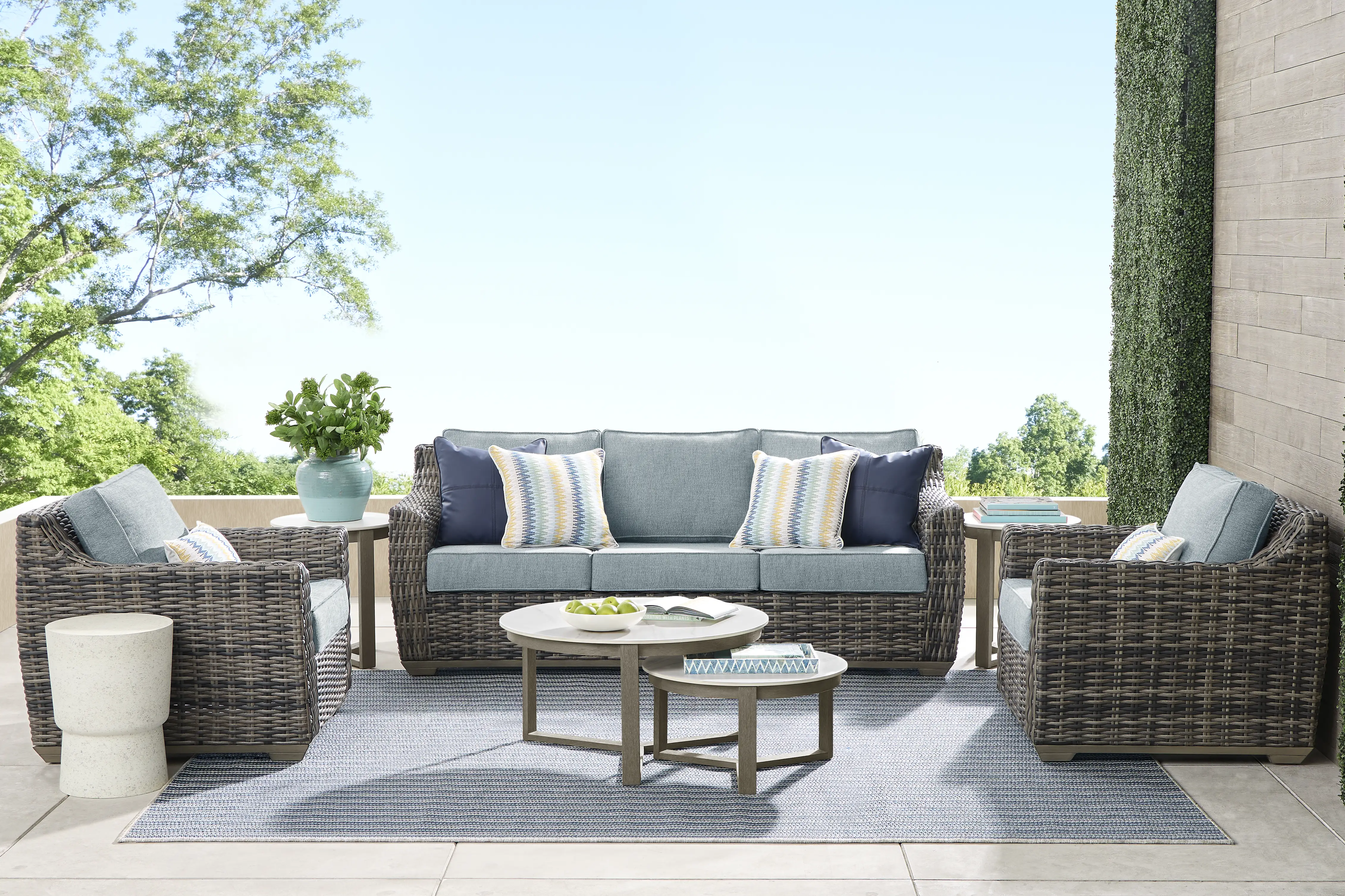 Cindy Crawford Montecello Gray Azure Blue Wicker Outdoor Sofa