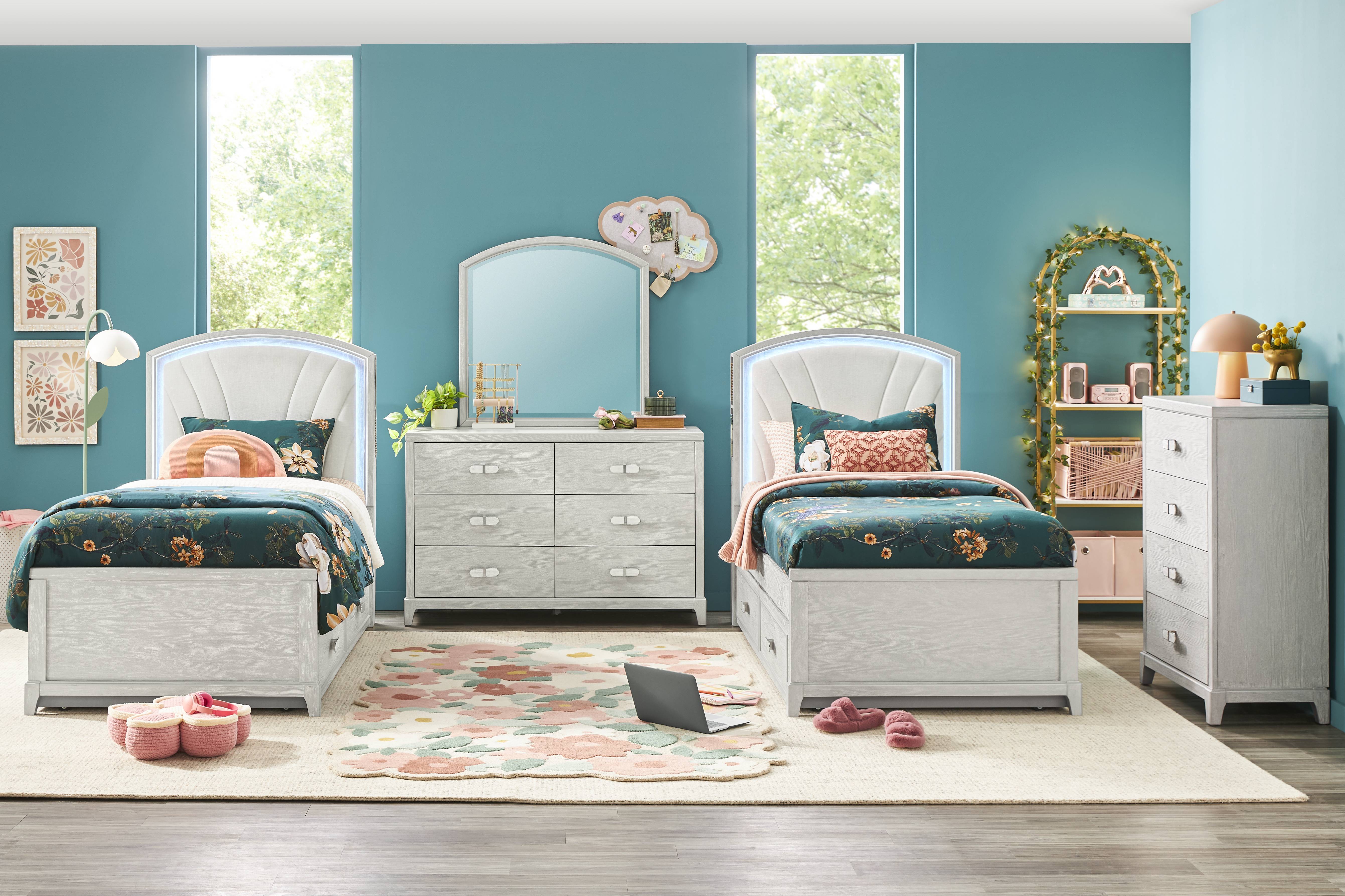 Kids Emilie Rose Twin Wirebrush Gray Upholstered Bedroom - Thumbnail - Image 1