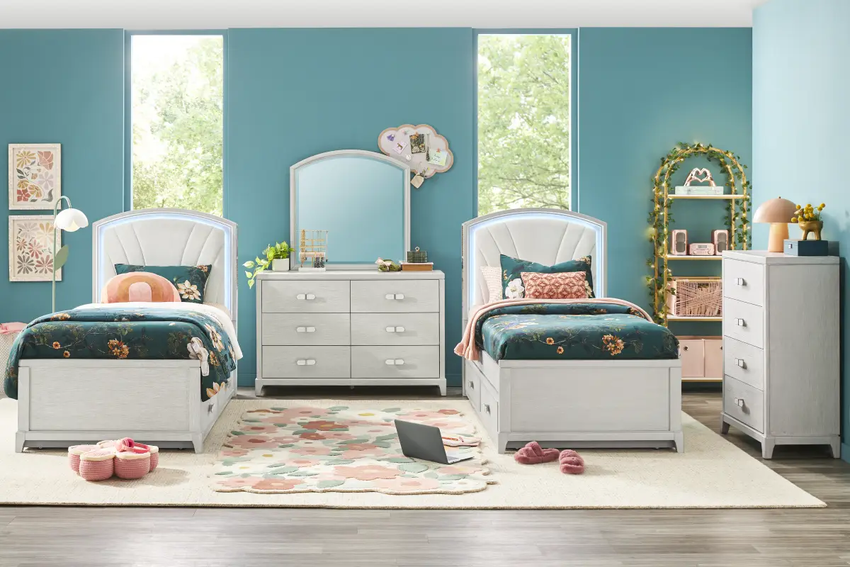 Kids Emilie Rose Twin Wirebrush Gray Upholstered Bedroom