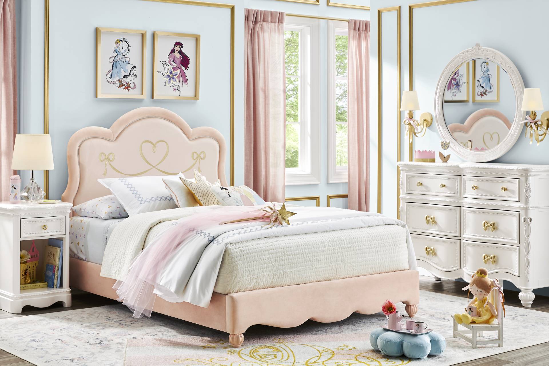 Disney Princess Sparkle White Bedroom with Pink Full Upholstered Bed full room