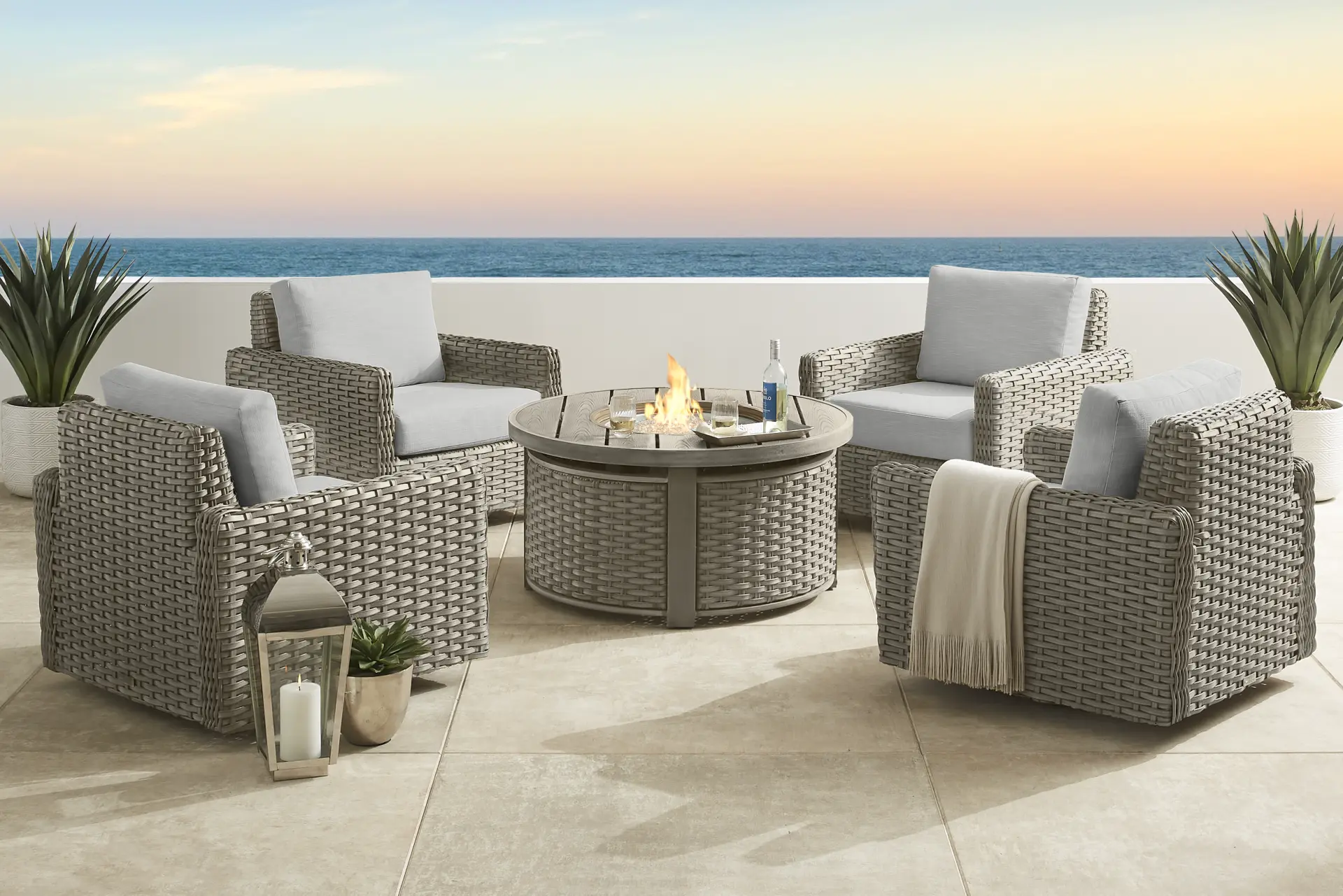Siesta Key Driftwood Finish 5 Pc Outdoor Fire Pit Seating Set with Dove Cushions