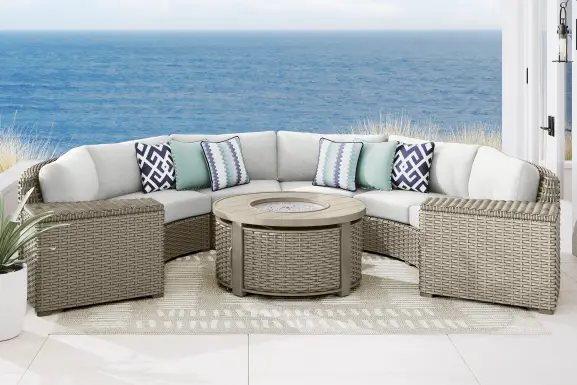 Siesta Key Driftwood Finish 5 Pc Outdoor Curved Sectional with Dove Cushions