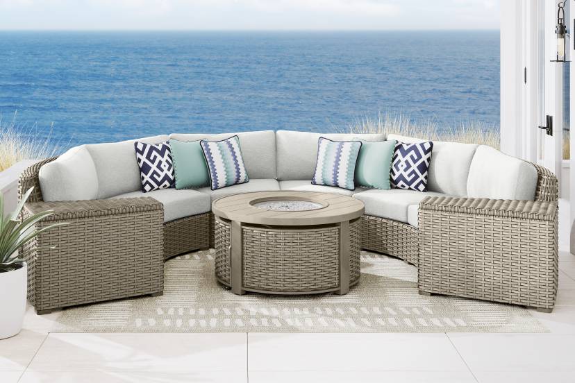 Siesta Key Driftwood Finish 5 Pc Outdoor Curved Sectional with Dove Cushions
