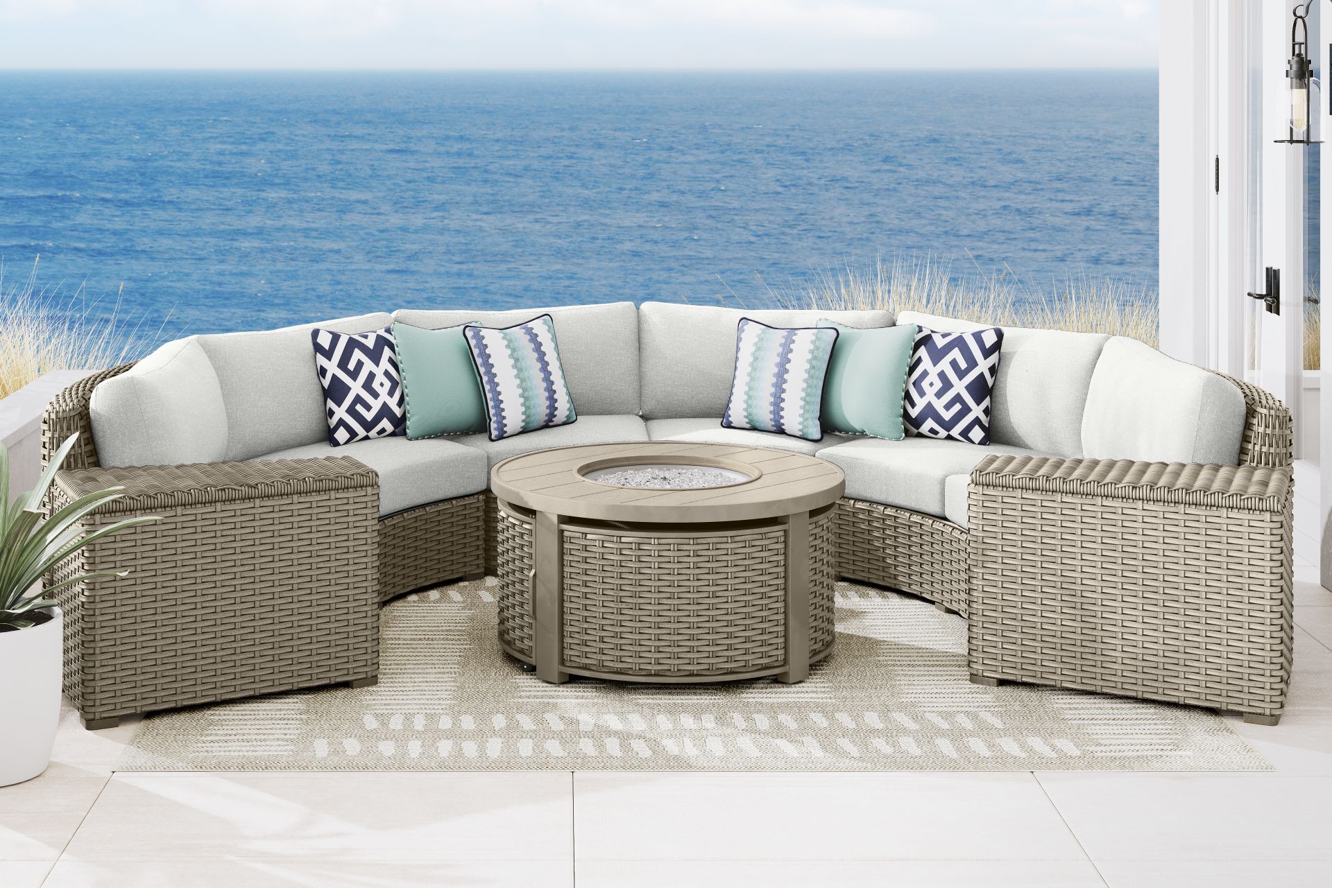 Siesta Key Driftwood Finish 5 Pc Outdoor Curved Sectional with Dove Cushions - Image 2