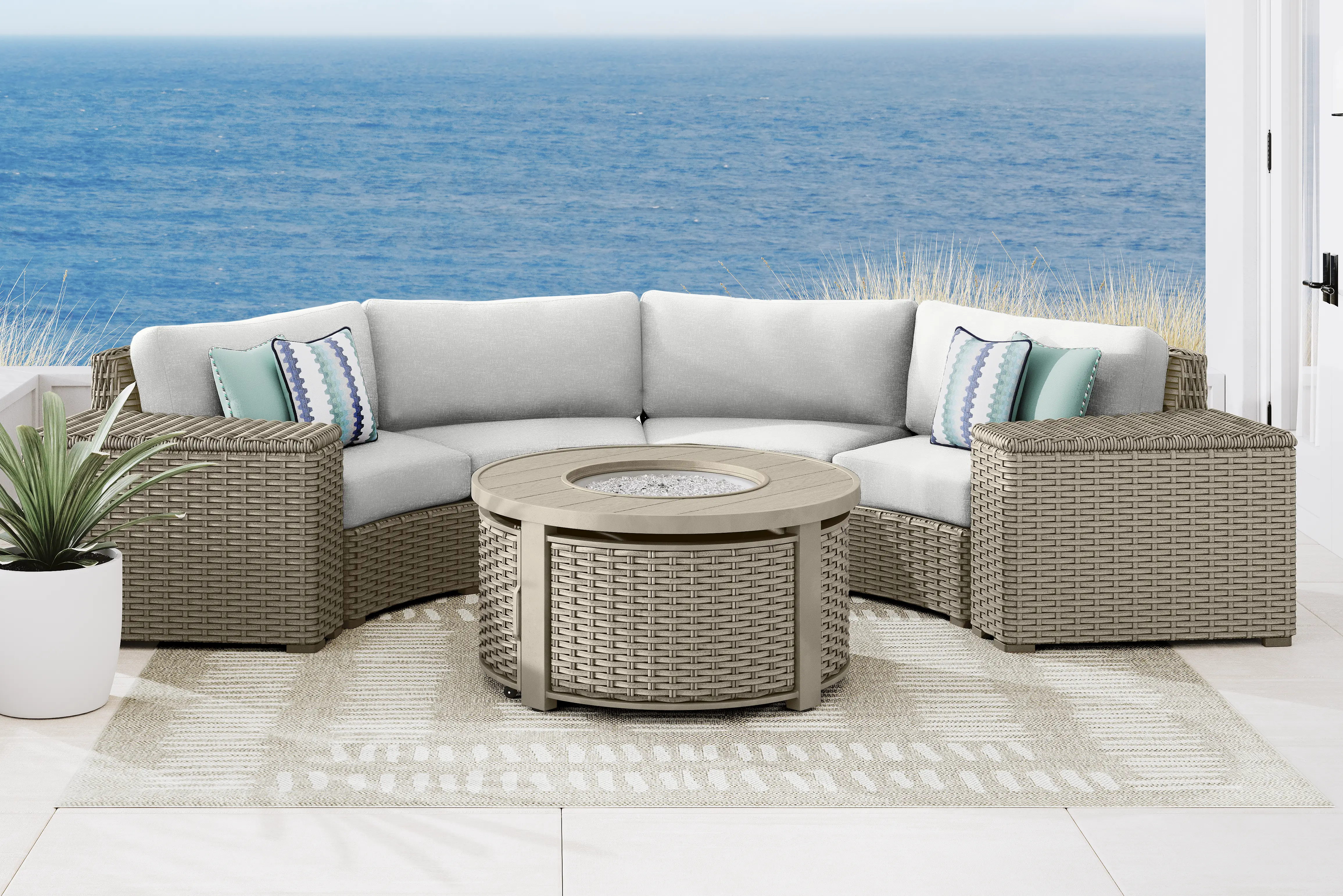 Siesta Key Driftwood Finish 4 Pc Outdoor Curved Sectional with Dove Cushions - Thumbnail - Image 2