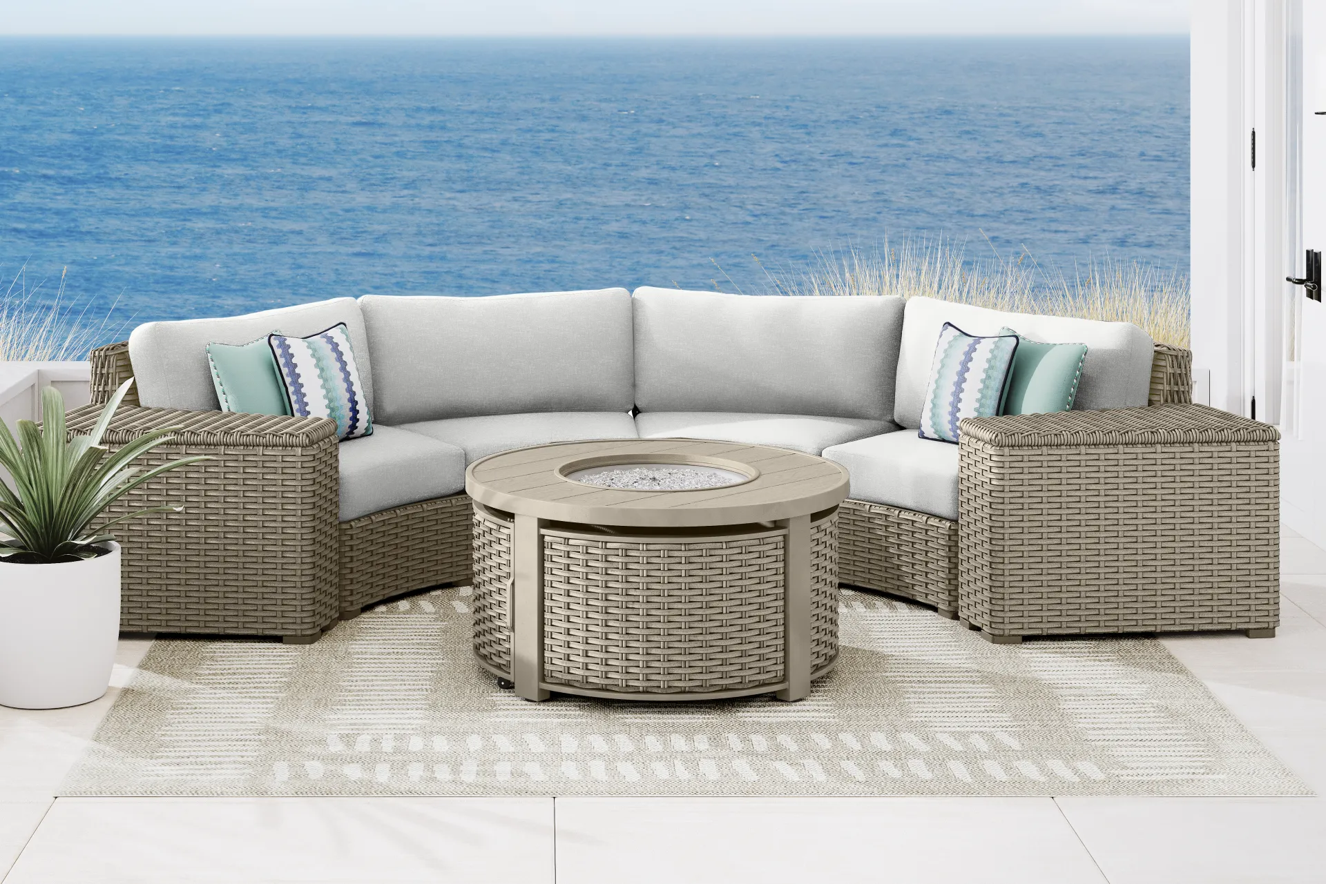 Siesta Key Driftwood Finish 4 Pc Outdoor Curved Sectional with Dove Cushions - Image 1