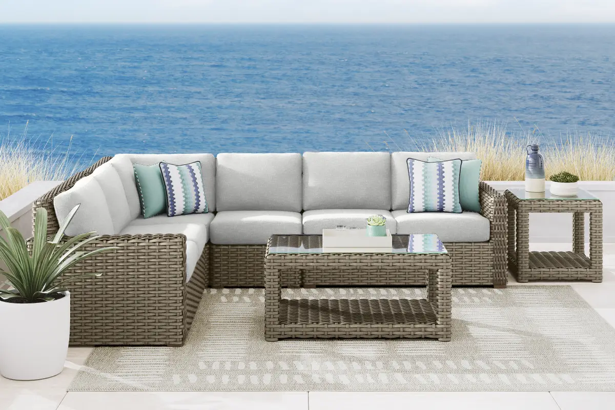 Siesta Key Driftwood Finish 4 Pc Outdoor Sectional with Dove Cushions