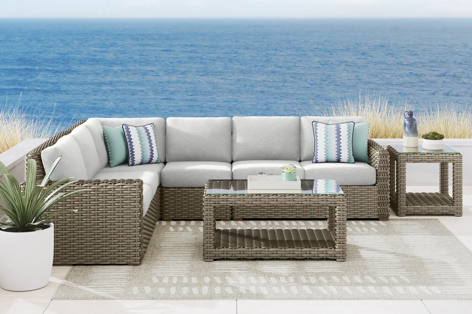 Siesta Key Driftwood Finish 4 Pc Outdoor Sectional with Dove Cushions