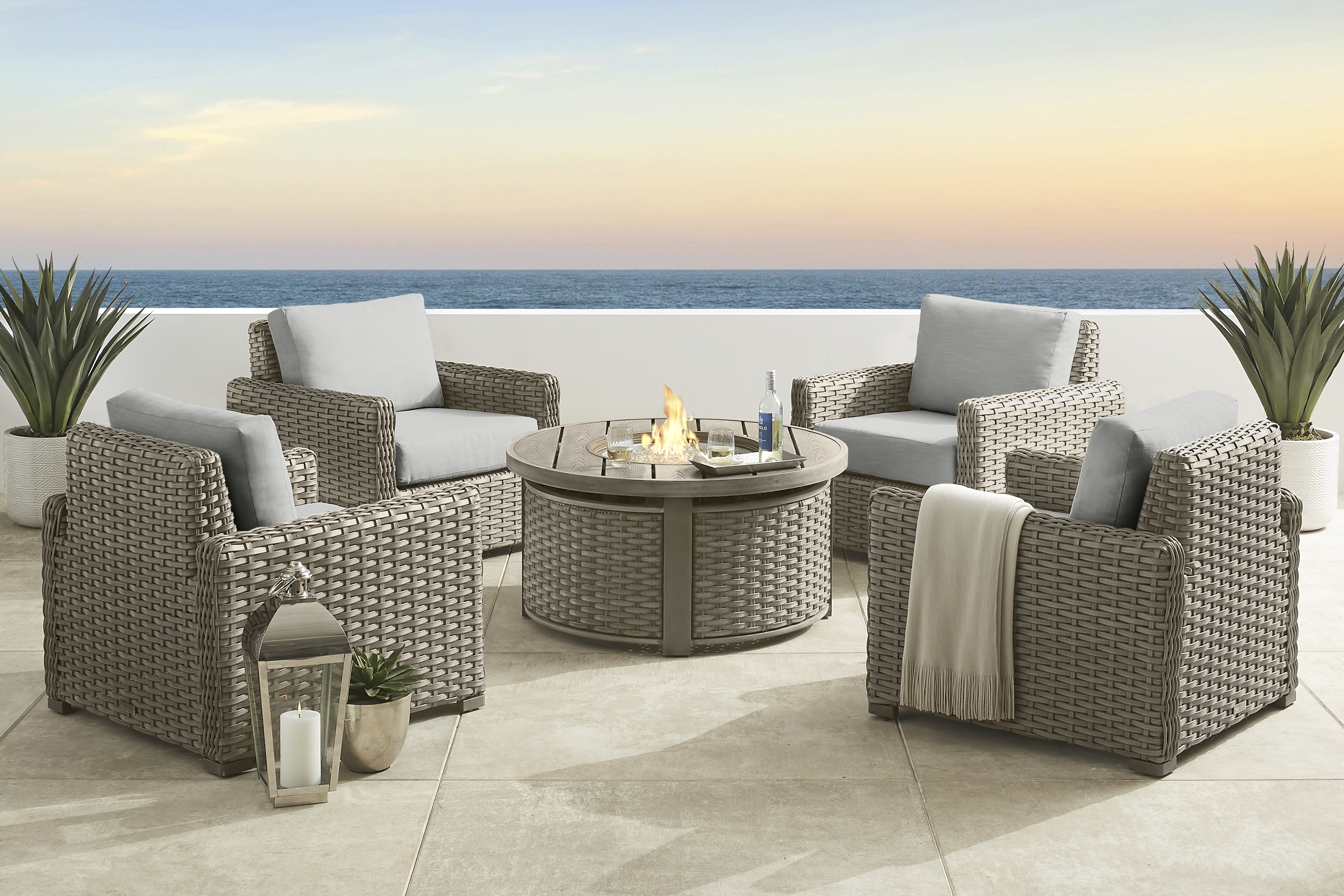 Siesta Key Driftwood Finish 5 Pc Outdoor Fire Pit Seating Set with Dove Cushions - Thumbnail - Image 1