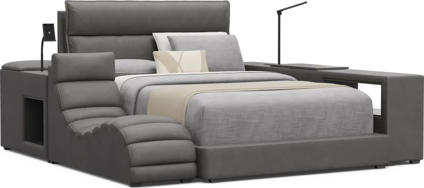 Kids Cloud9 Charcoal Full Upholstered Bed with Nightstand, Lounger and Bookcase