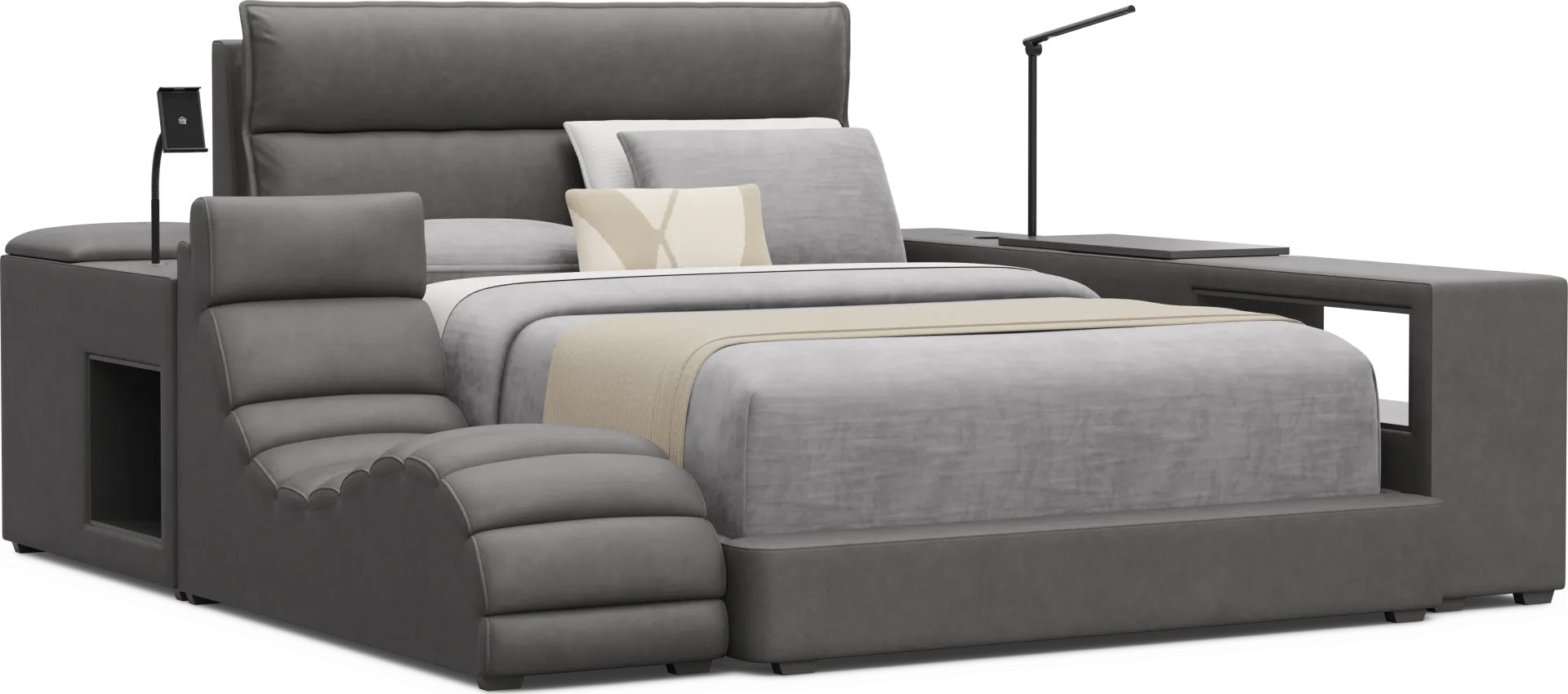 Kids Cloud9 Charcoal Full Upholstered Bed with Nightstand, Lounger and Bookcase - Image 1