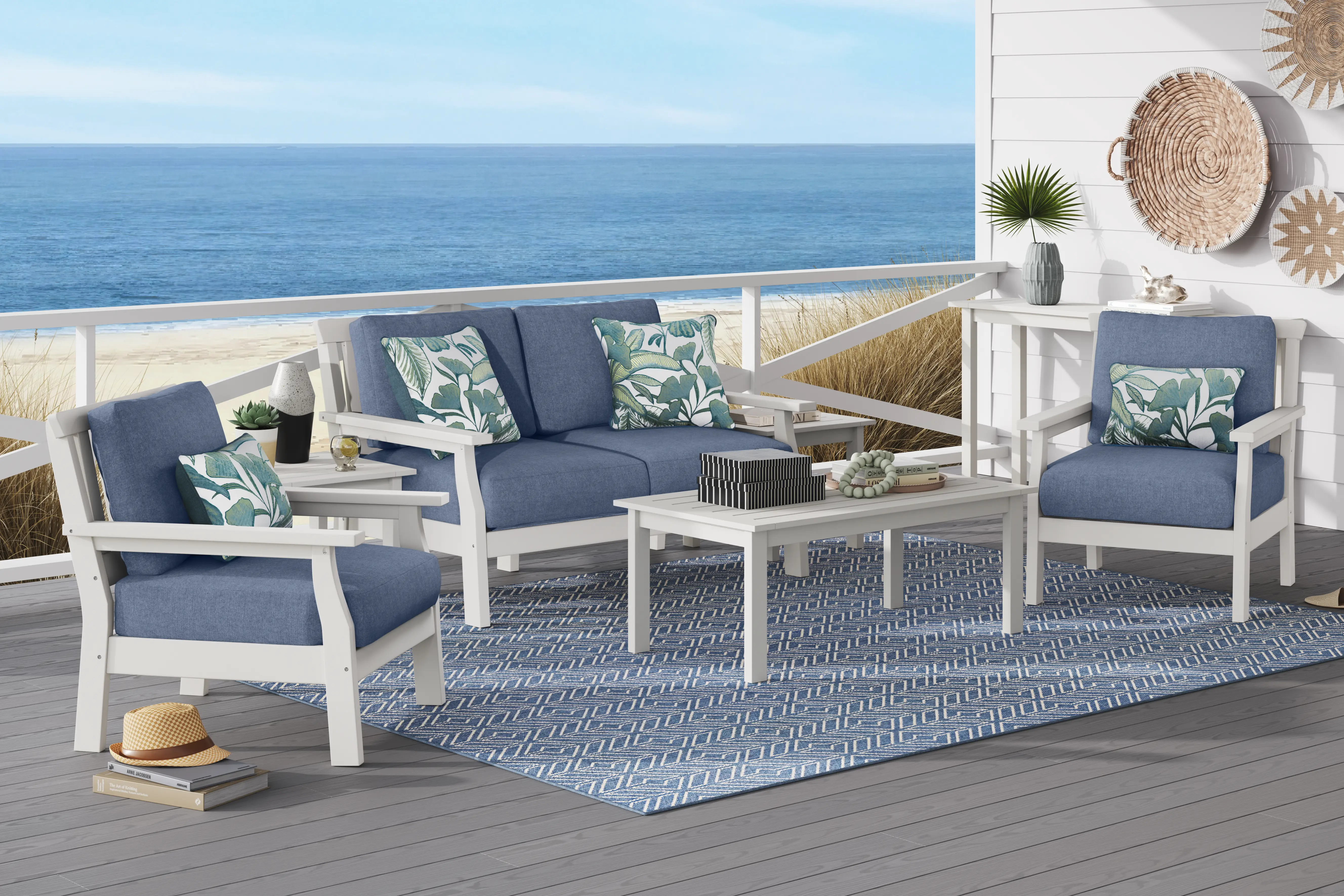 Eastlake White 4 Pc Outdoor Loveseat Seating Set with Blueberry Cushions - Thumbnail - Image 1