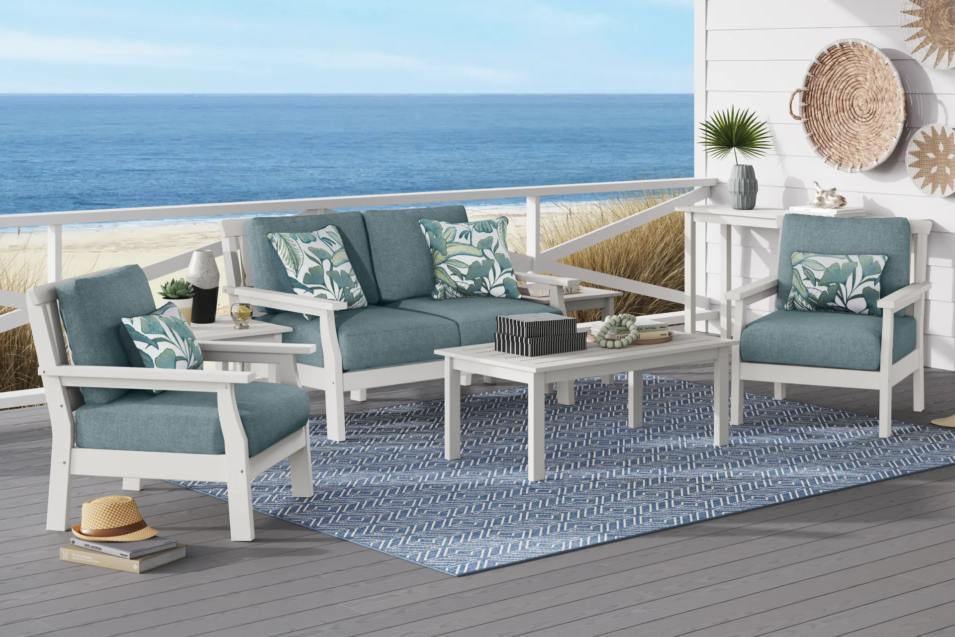 Eastlake White 4 Pc Outdoor Loveseat Seating Set with Breeze Cushions - Image 1