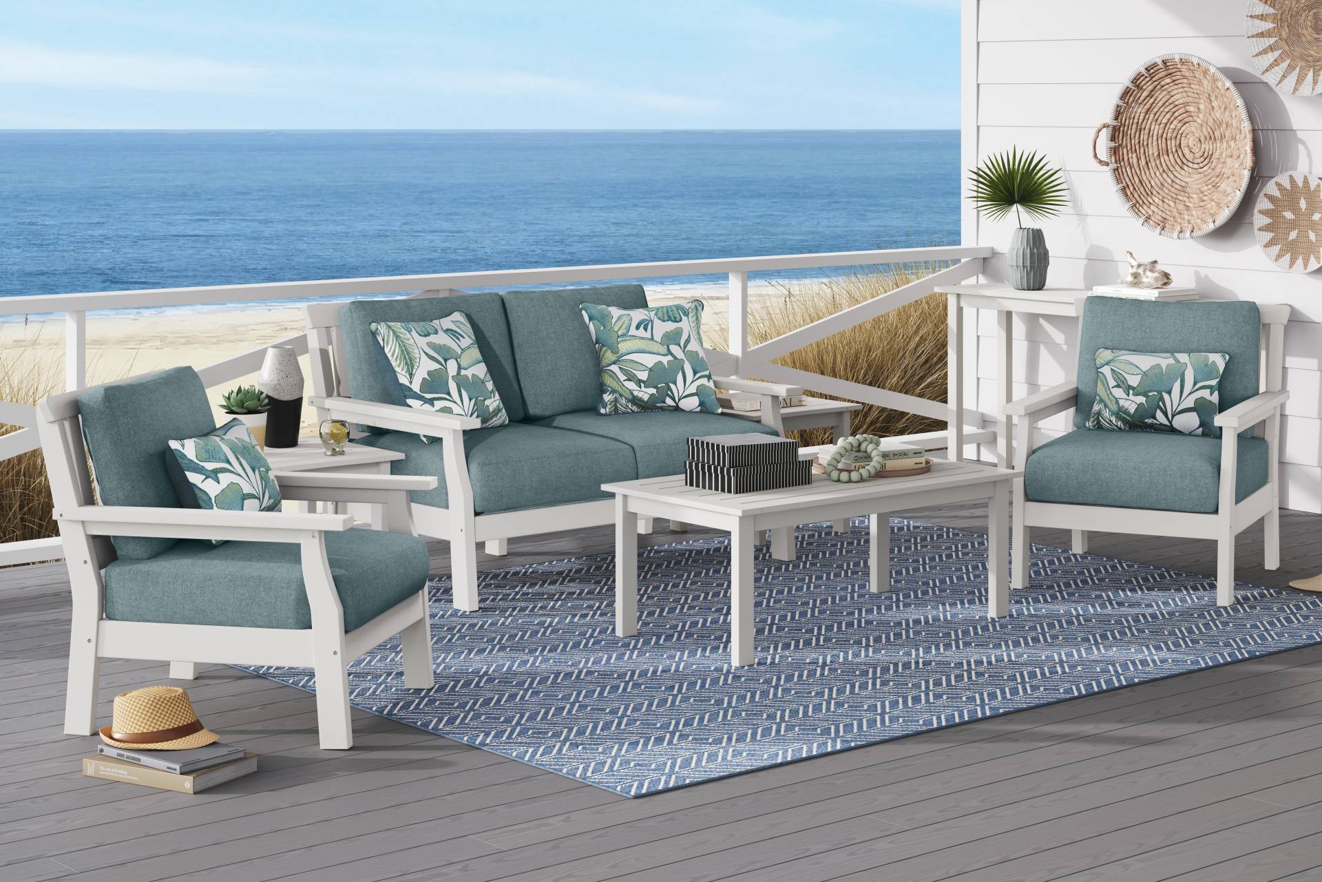 Eastlake White 4 Pc Outdoor Loveseat Seating Set with Breeze Cushions full room