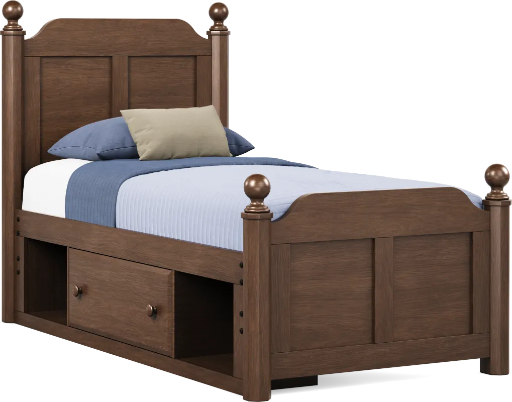 Kids South Bend Brown Cherry Twin Poster Bed with Storage Side Rail