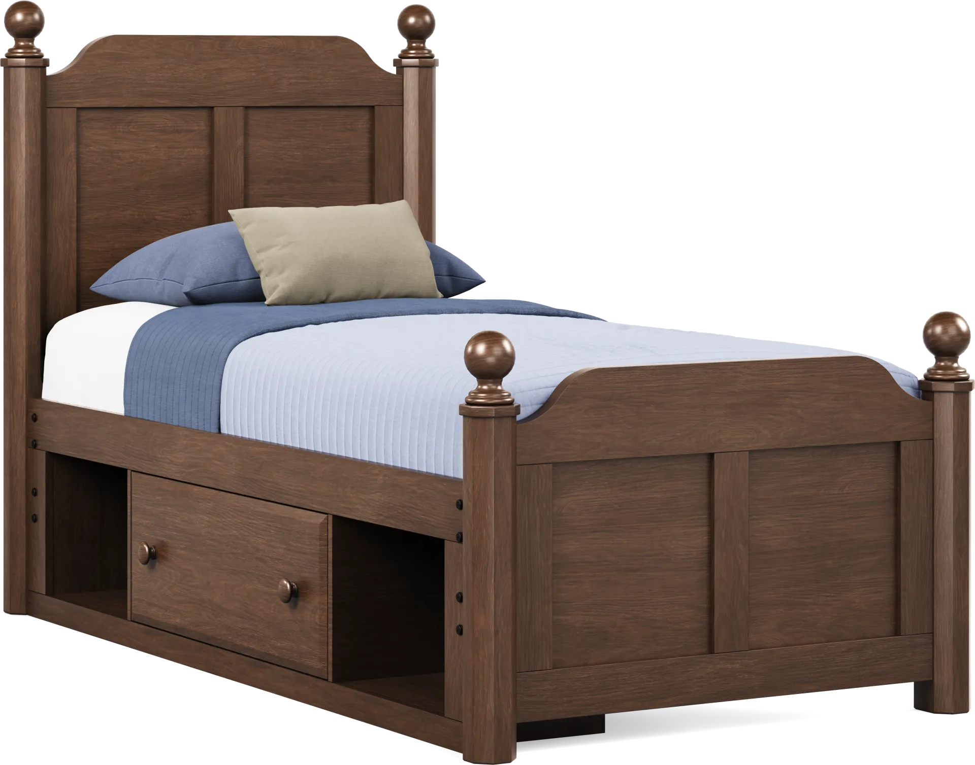 Kids South Bend Brown Cherry Twin Poster Bed with Storage Side Rail - Image 1