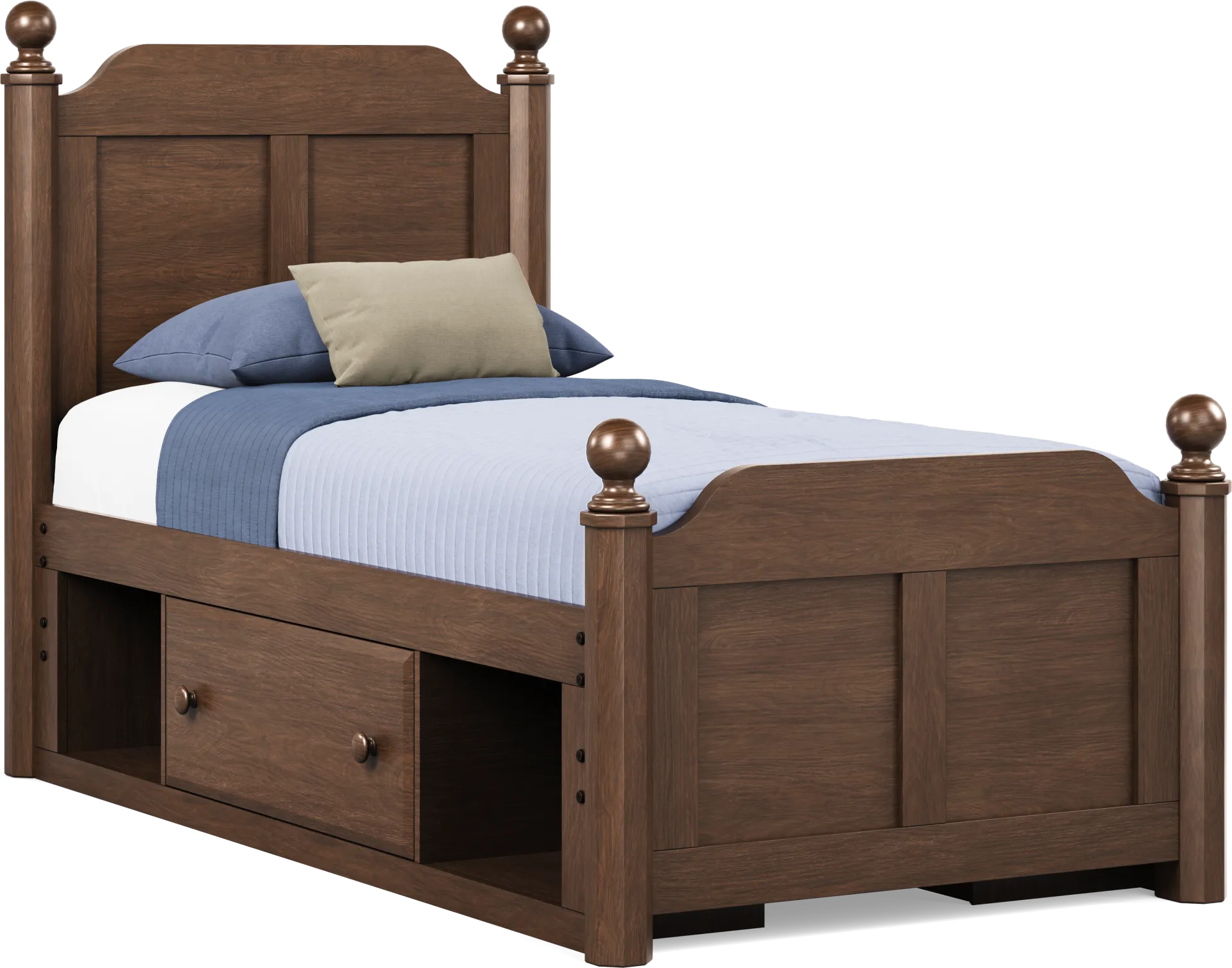 Kids South Bend Brown Cherry Twin Poster Bed with 2 Storage Side Rails - Image 1