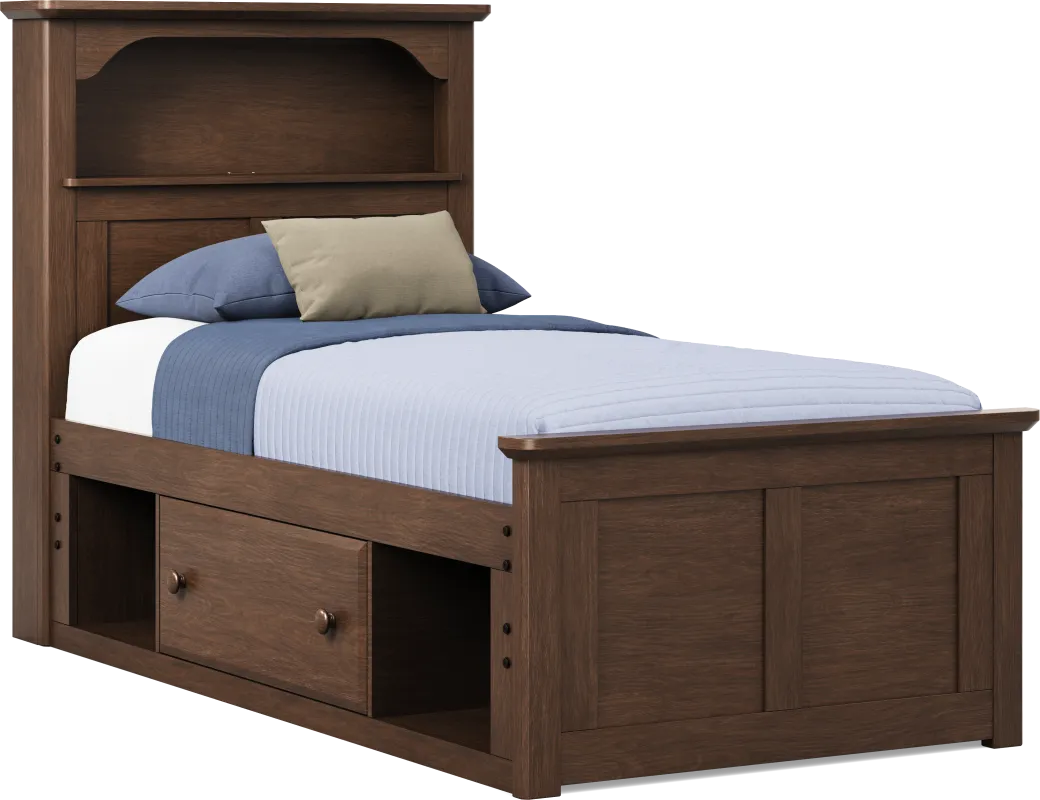 Kids South Bend Brown Cherry Twin Bookcase Bed with 2 Storage Side Rails
