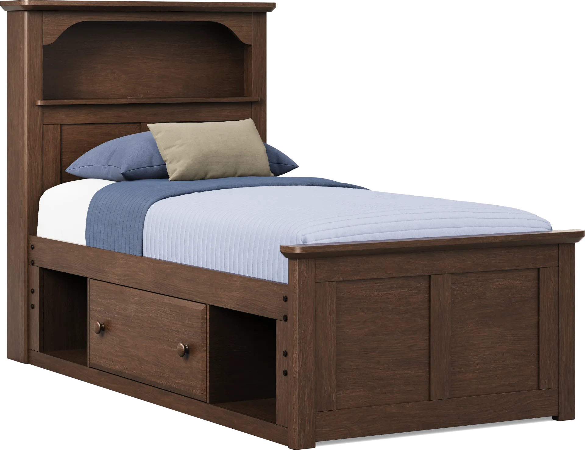 Kids South Bend Brown Cherry Twin Bookcase Bed with 2 Storage Side Rails - Image 1