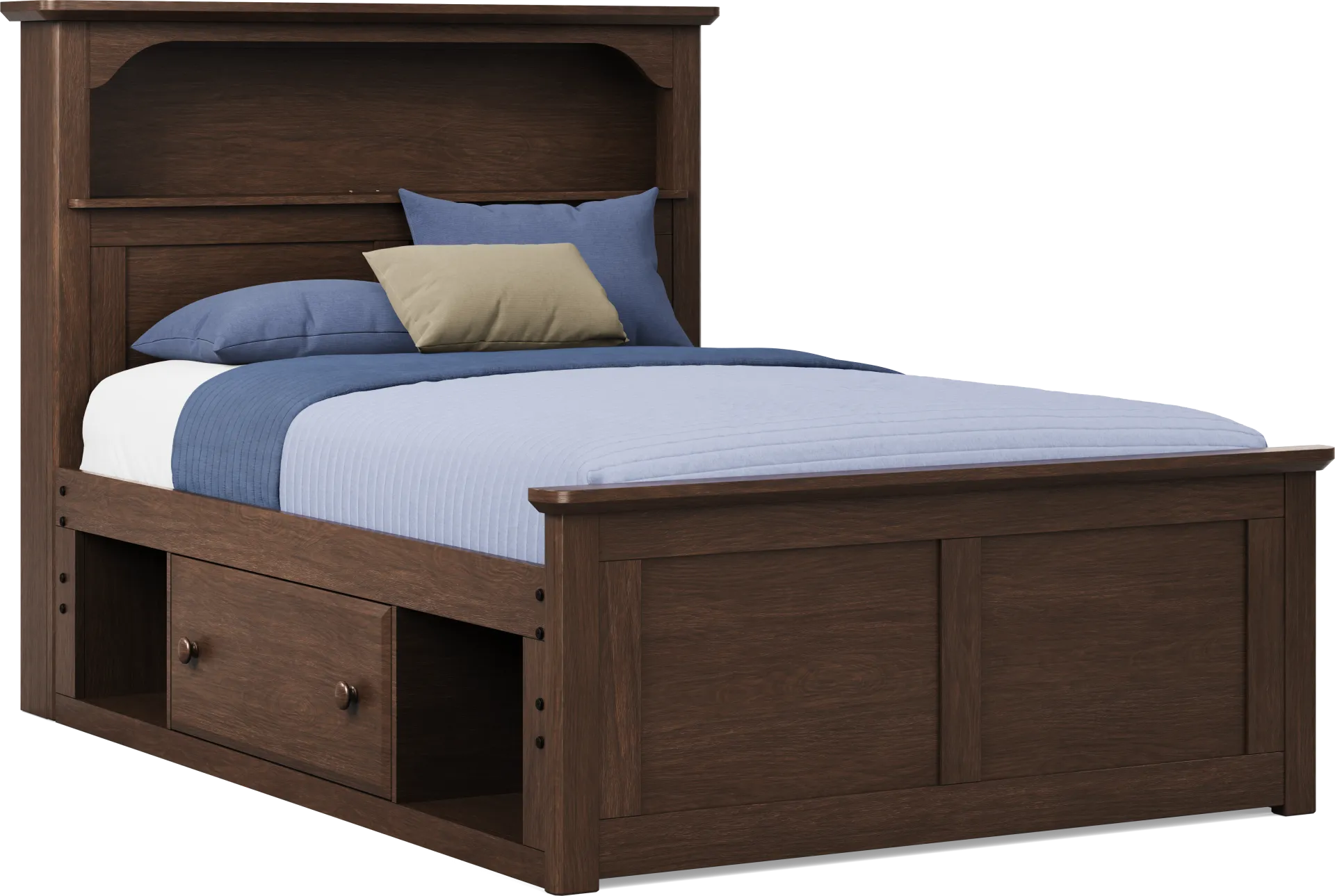 Kids South Bend Brown Cherry Full Bookcase Bed with 2 Storage Side Rails - Image 1